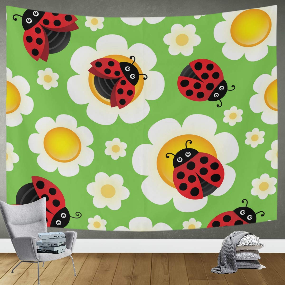 DOMIKING Floral Ladybug Tapestry Wall Hanging - 80x60 Inch Large Bohemian Wall Art Decor for Bedroom, Living Room, Office - Perfect for Home Decor, Dorm Room & Wedding Backdrop