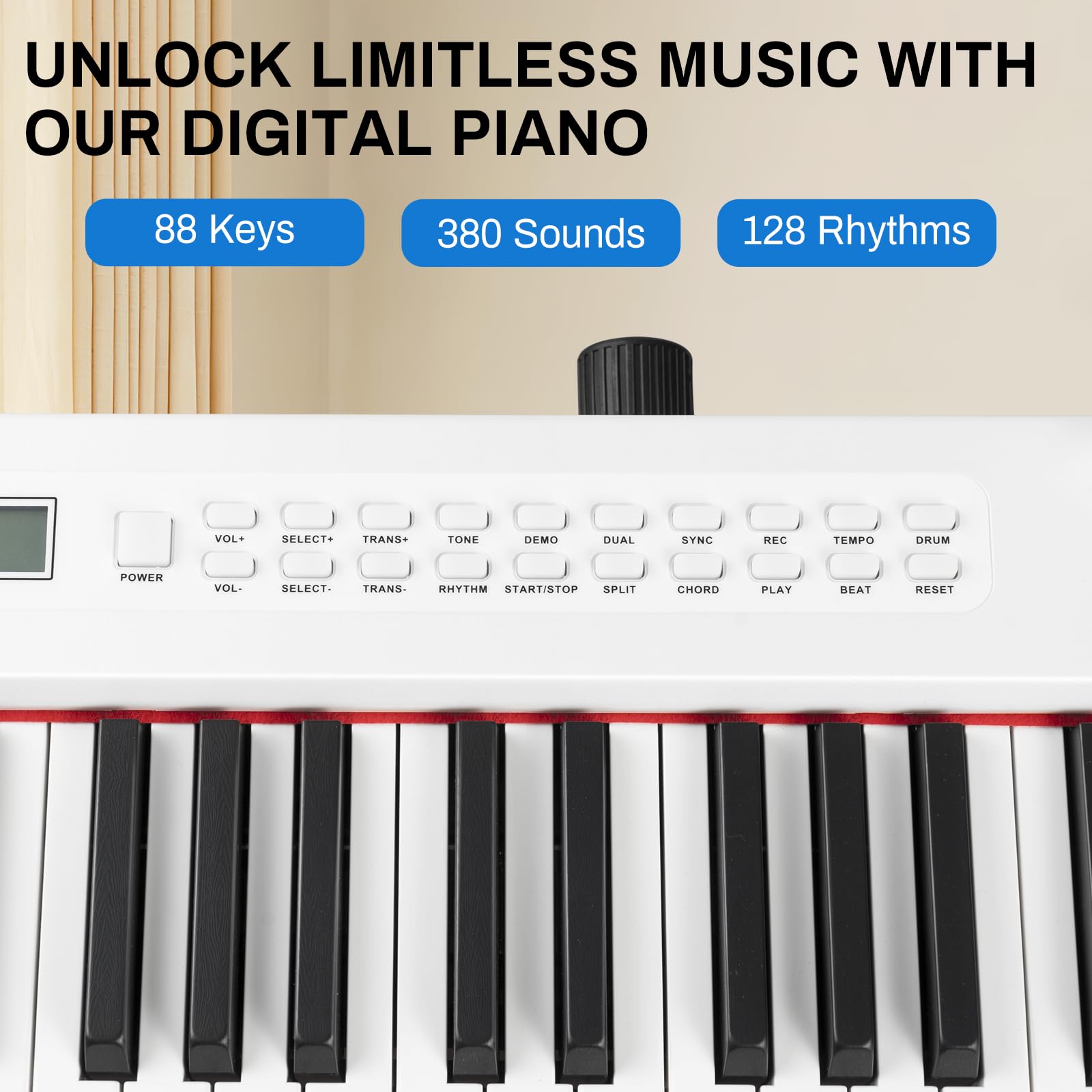 Mosen 88-Key Digital Piano Keyboard with Semi-Weighted Keys - Professional Double Keyboard with LED Display, 380 Tones & 128 Rhythms - Includes 88 Demo Songs, Piano Lessons, Stand & Sustain Pedal (MSP-45WH, White) - Perfect for Home Practice, Music Studios & Live Performances
