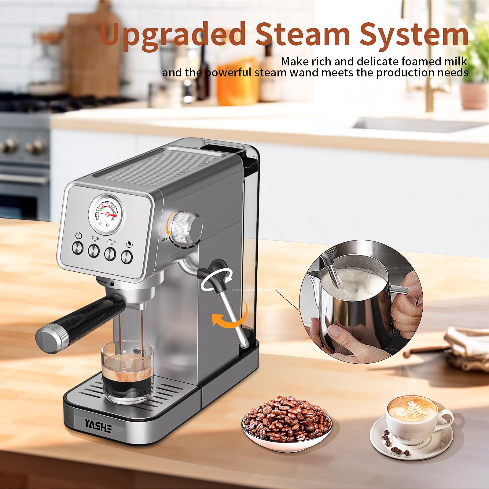 YASHE 20 Bar Espresso Machine with Milk Frother - 1350W Semi-Automatic Coffee Maker for Home, 37.2oz Removable Water Tank - Perfect for Espresso, Cappuccino & Latte | Ideal for Kitchen Countertop & Coffee Bar Use