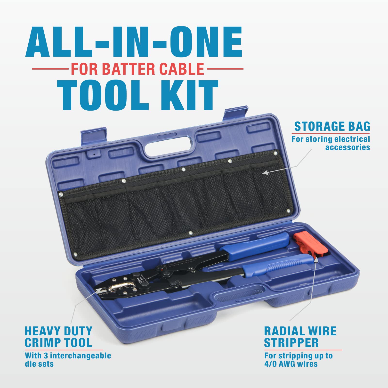 Professional iCrimp Battery Cable Lug Crimper Kit for 8-4/0 AWG Copper Terminals - Heavy Duty Crimping Tool with Wire Stripper for Battery Cables, Ring Terminals & Splices - Perfect for Automotive, Marine & Solar Power Installations