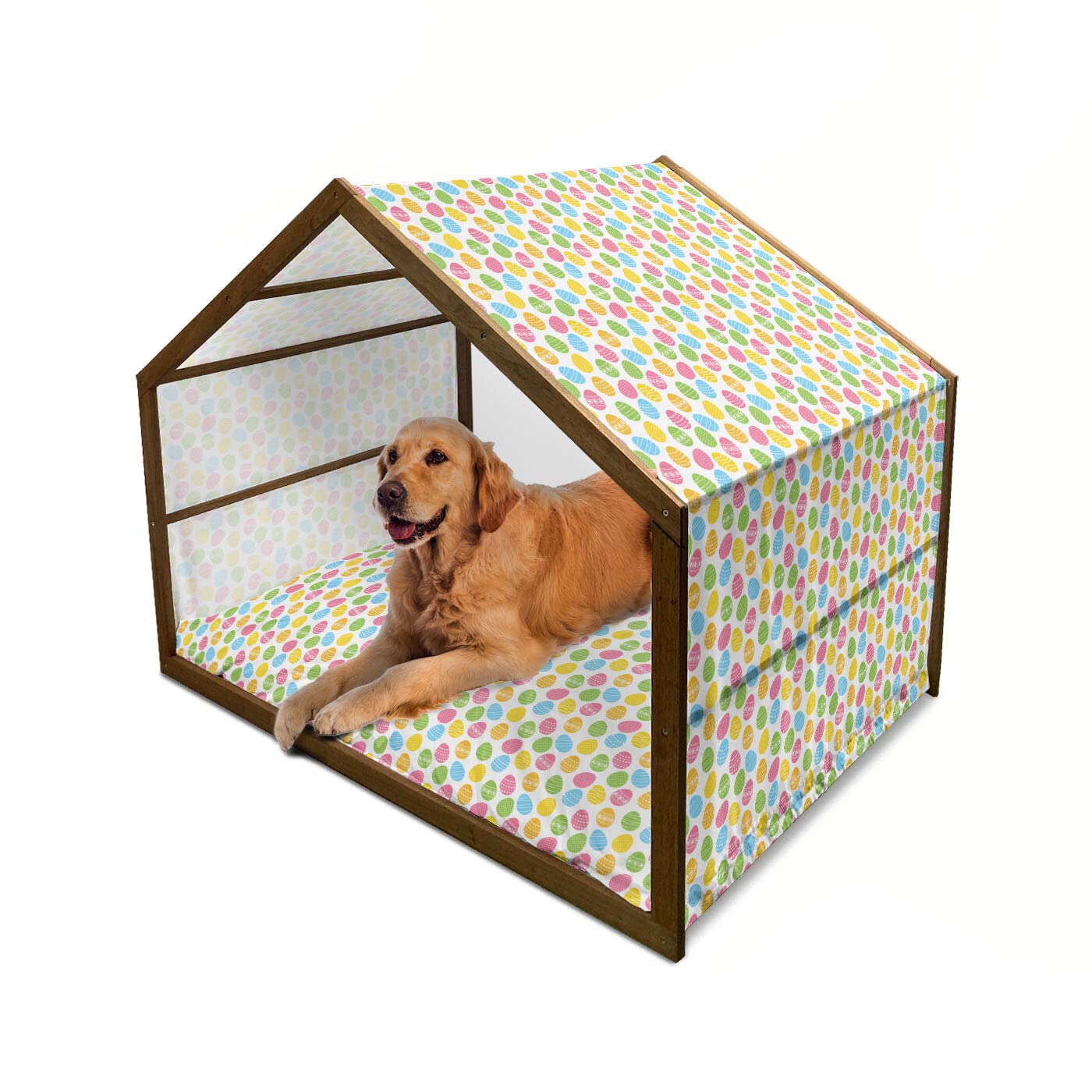Ambesonne Easter Wooden Dog House - Colorful Spring Holiday Pet Shelter with Pillow & Cover, Indoor & Outdoor Portable X-Large Dog Kennel for Easter Celebration - Perfect for Backyard, Garden, and Home Decor