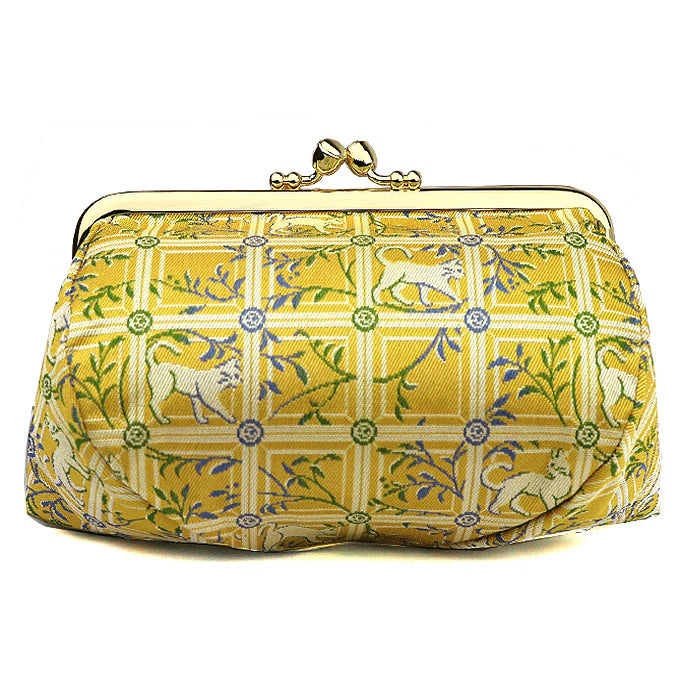 Nishijin Woven Small Cat Pouch - Yellow | Handmade in Kyoto Japan | Cosmetic & Makeup Bag | Japanese Gamaguchi Style | Travel Toiletry Organizer | Stationery Pouch | Bag-in-Bag Organizer | Perfect for Daily Essentials, Travel & Gift Giving