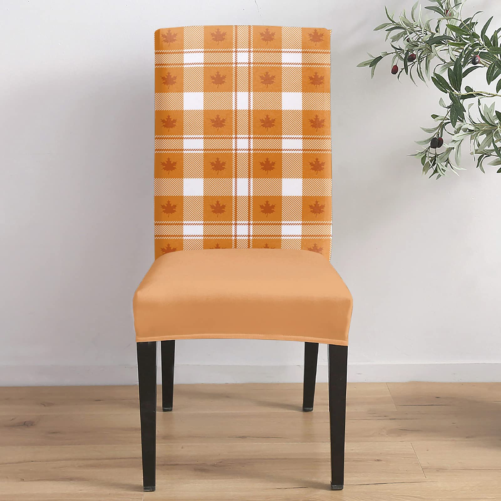 Stretchable Parsons Chair Slipcovers - Set of 4 Thanksgiving Autumn Maple Leaf Orange Gingham Plaid Removable Dining Chair Covers for Kitchen, Banquet & Party Decor | Perfect for Holiday Gatherings, Family Dinners and Home Decor