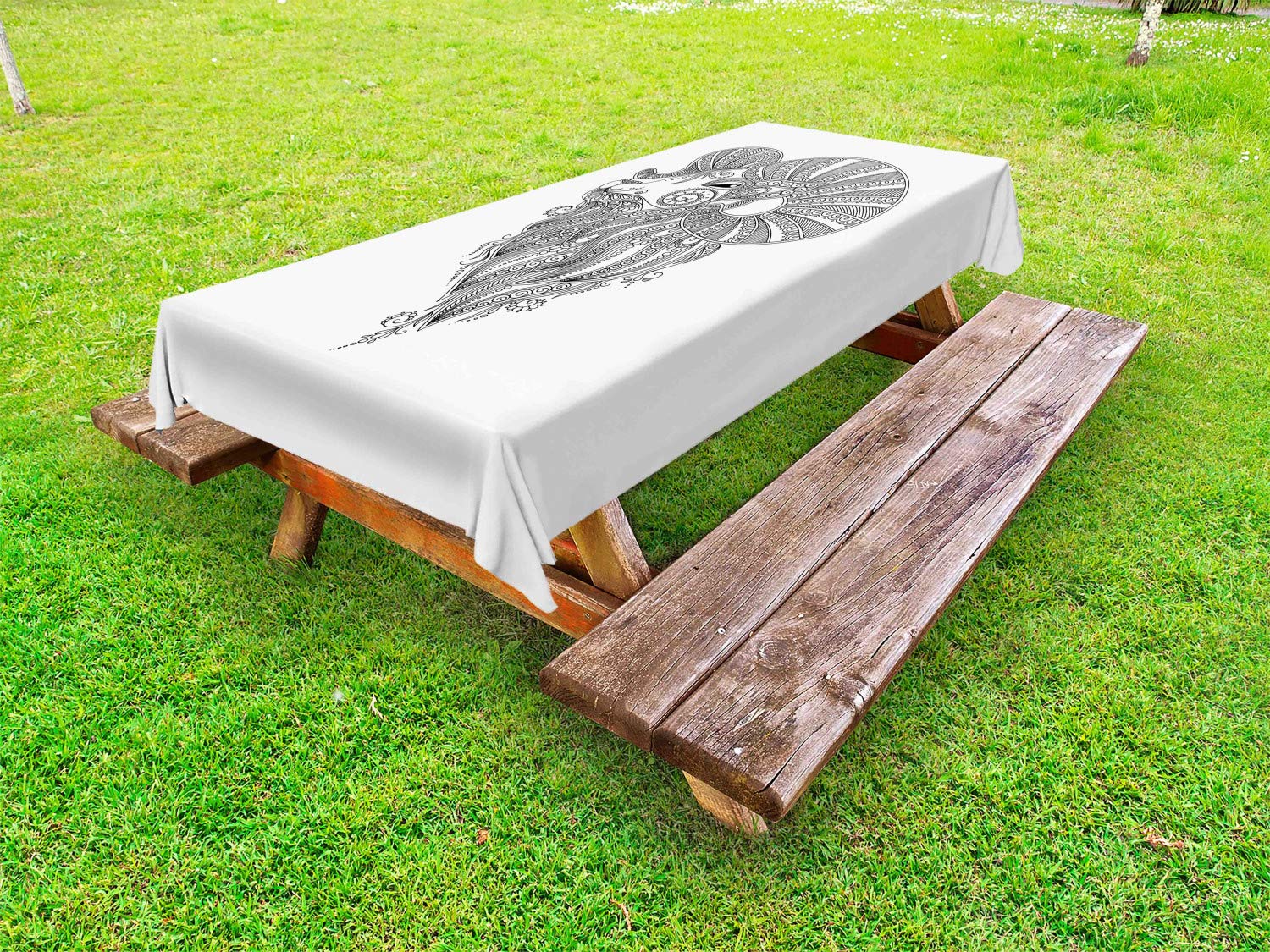Ambesonne Zodiac Aries Outdoor Tablecloth - Tattoo Style Zentangle Ram's Head Doodle Design, Washable Picnic Table Cover 58x84 Inches, Black & White - Perfect for Outdoor Dining, BBQs, and Garden Parties