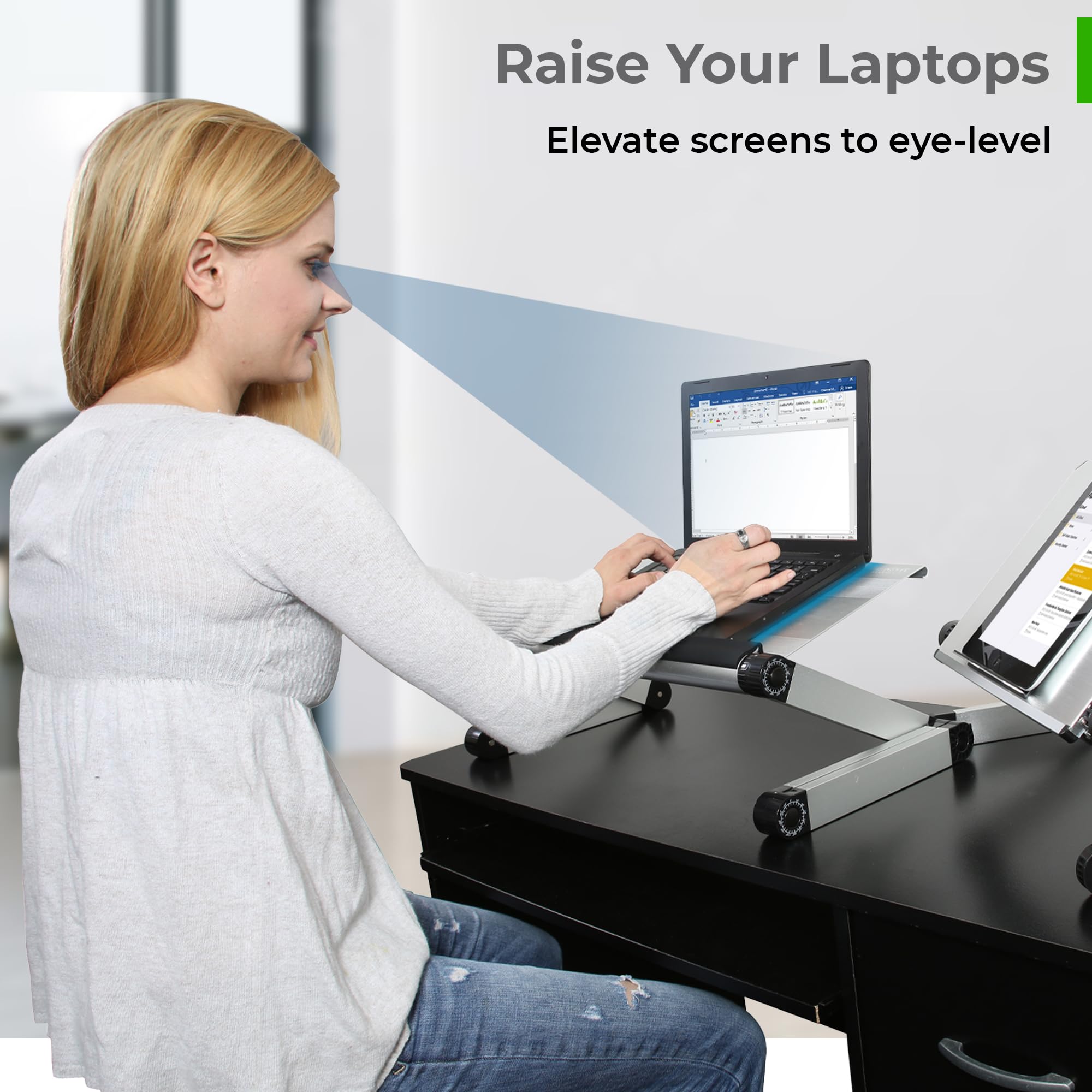 Uncaged Ergonomics WorkEZ Executive Adjustable Laptop Stand - Foldable Aluminum Computer Riser with Cooling, Height-Adjustable Notebook Holder for Desk, Silver - Perfect for Home Office and Workspace