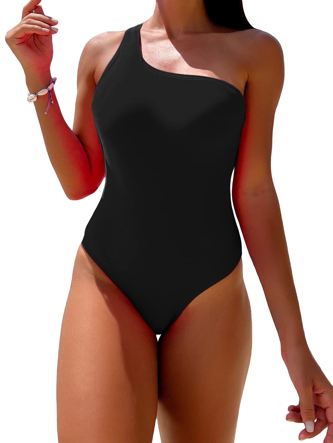 MakeMeChic Women's Sexy One Shoulder Tie Back Cut Out Monokini Swimsuit - High Waisted Bathing Suit for Beach, Pool Party & Summer Vacation
