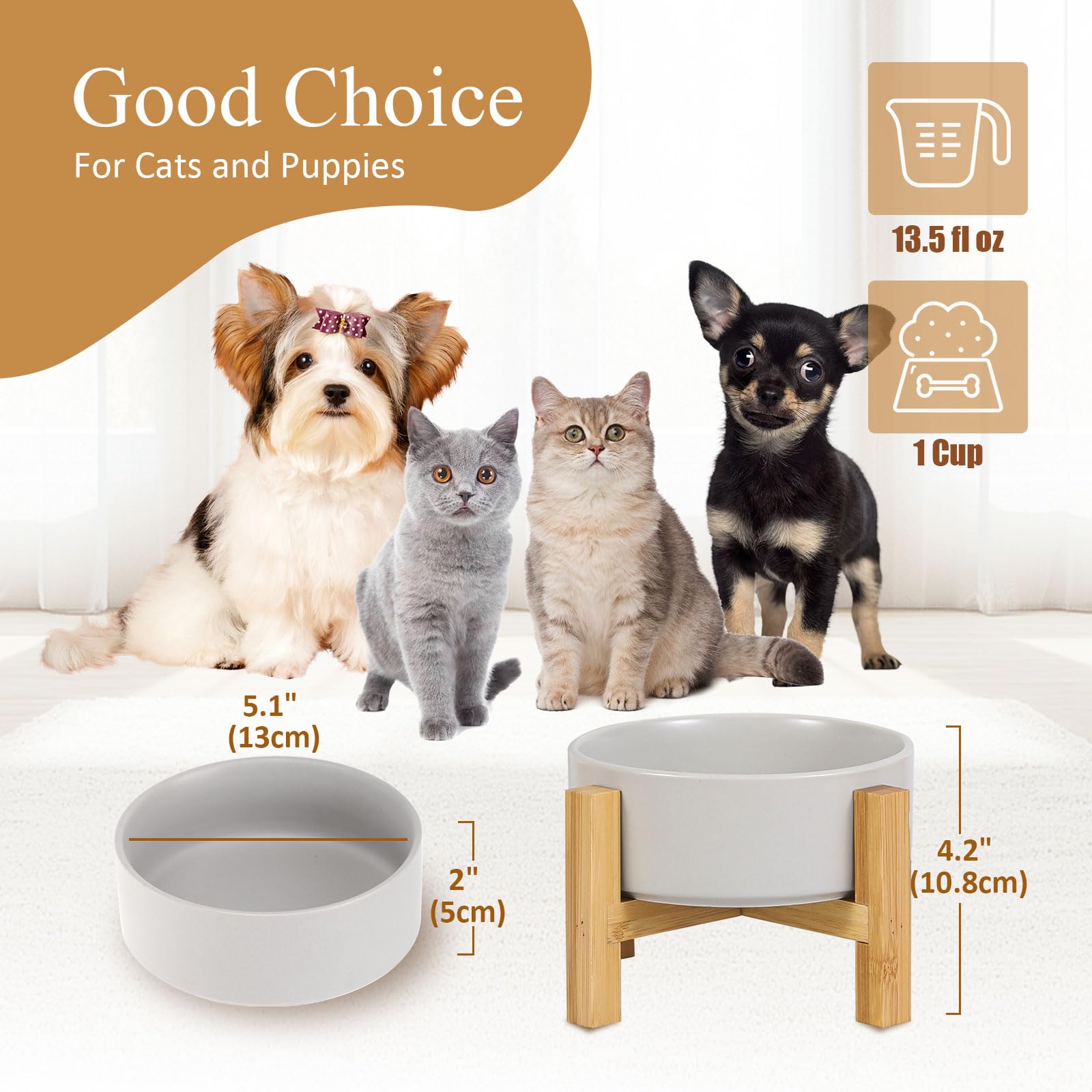 Premium Elevated Ceramic Cat Bowl with Bamboo Stand - Anti-Vomit Raised Pet Food Dish for Cats & Small Dogs - 13.5oz/400ml Grey - Perfect for Stress-Free Feeding & Digestive Health in Kittens, Senior Cats, and Small Breeds