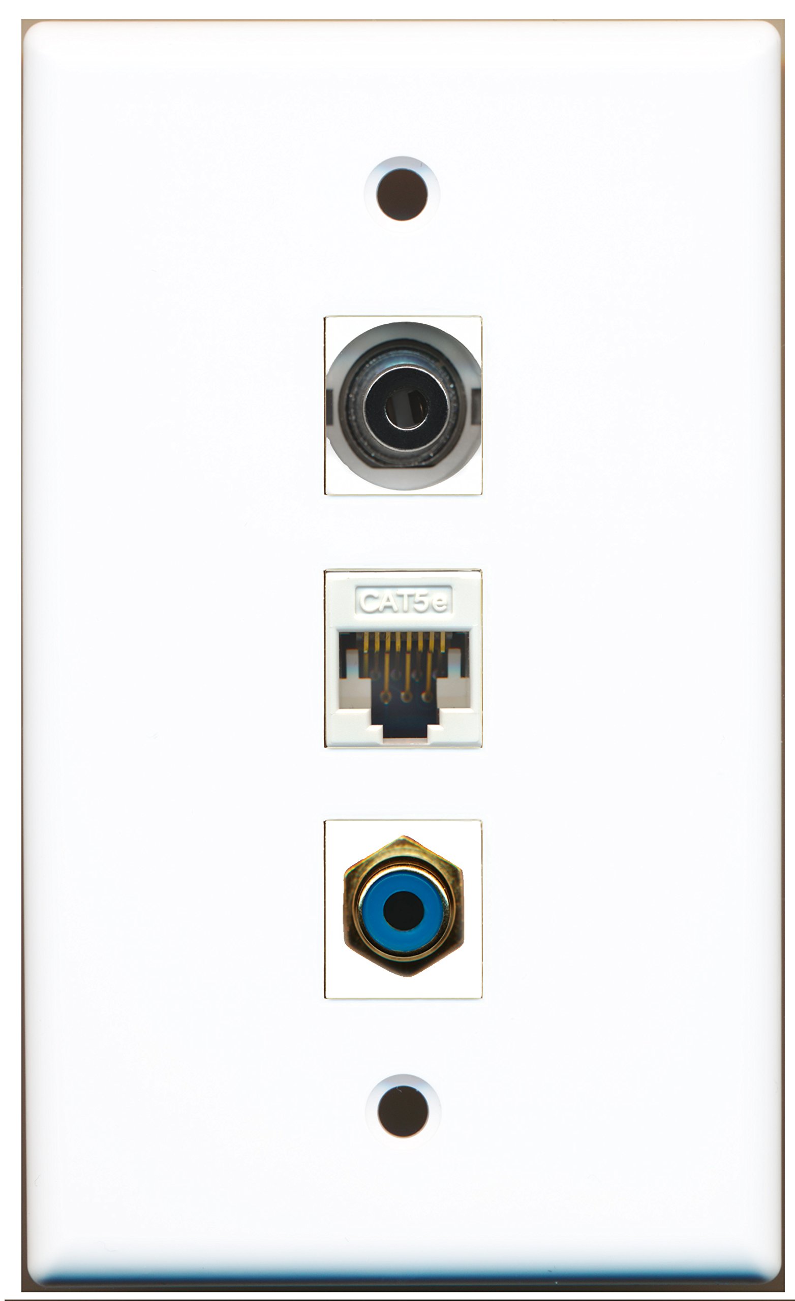 RiteAV 1-Port RCA to 3.5mm Audio Wall Plate with Cat5e Ethernet Jack - White | Home Theater & Audio System Installation Accessory