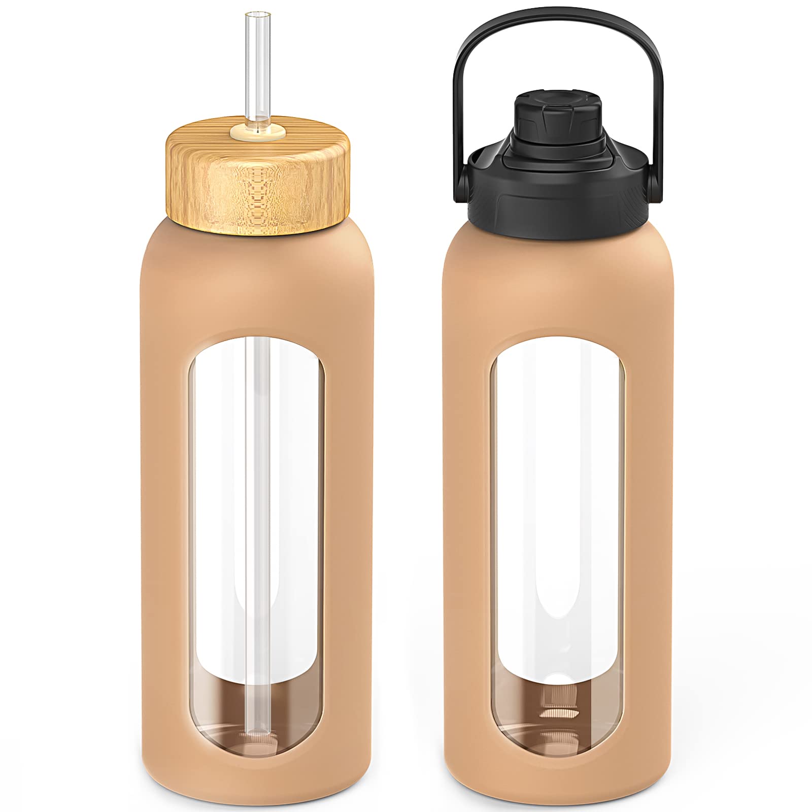**Kodrine 32 oz Glass Water Bottle with Straw - 2 Lids (Handle Spout & Bamboo Straw), Motivational Water Bottle with Silicone Sleeve, Wide Mouth, Leakproof, BPA Free - Perfect for Gym, Hiking, Office & Travel**