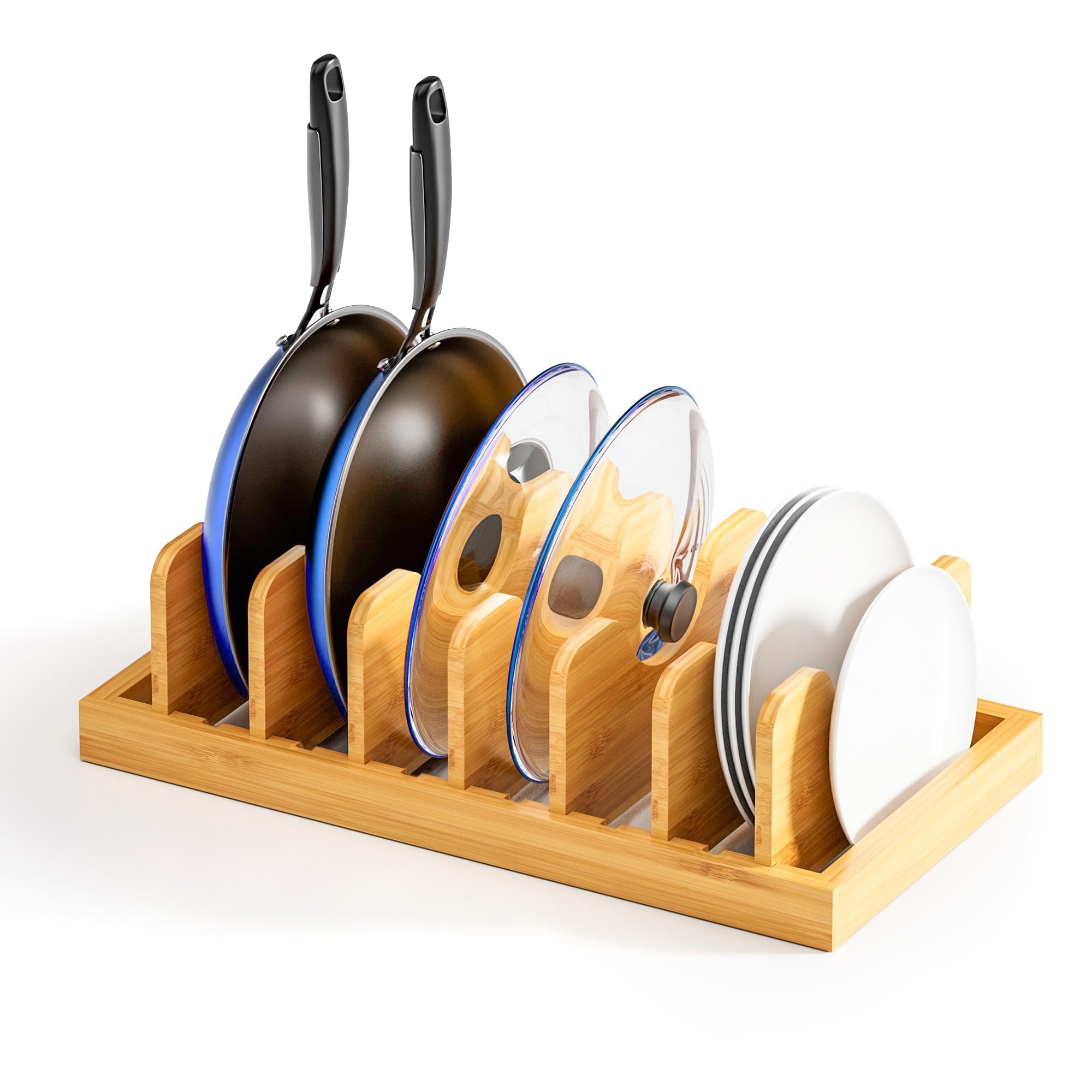 Adjustable Bamboo Pot Lid Organizer - Kitchen Cabinet & Countertop Storage Rack for Pans, Sheets & Covers | Space-Saving Under Cabinet & Counter Organizer for Clutter-Free Cooking