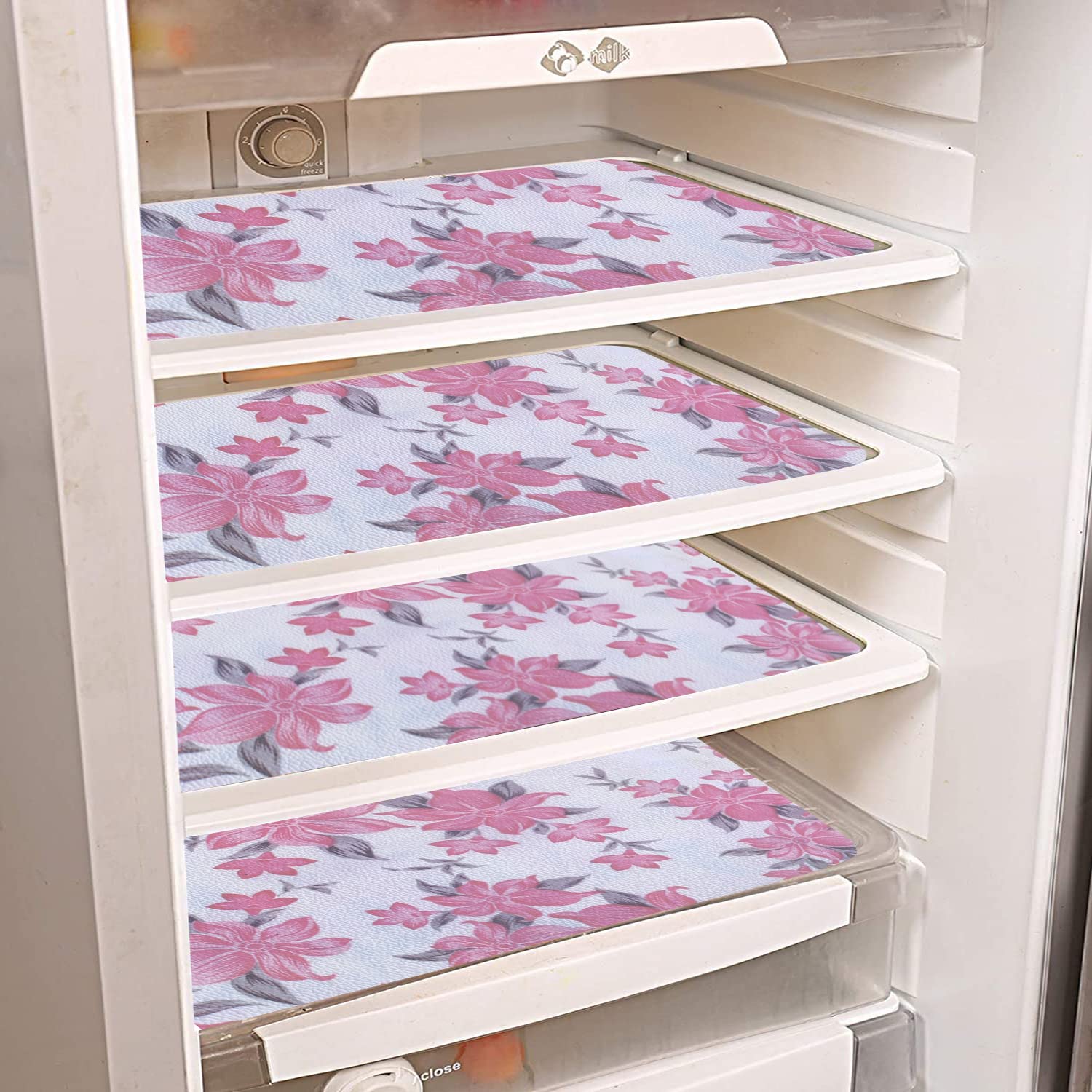 Kuber Industries PVC Fridge Mats Set of 6 - Non-Slip Refrigerator Liners with Cream & Pink Floral Design, Kitchen Shelf Protectors for Food Storage & Organization | Perfect for Home, Dorm, Office Use