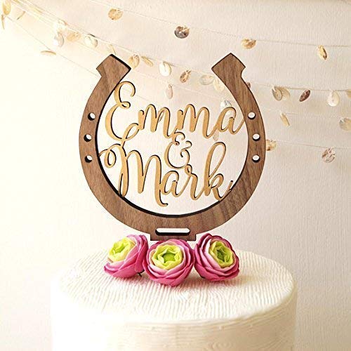 Personalized Horseshoe Cake Topper - Rustic Wooden Wedding Cake Decoration for Country Weddings & Bridal Showers - Perfect for Farmhouse, Western, and Rustic Wedding Themes