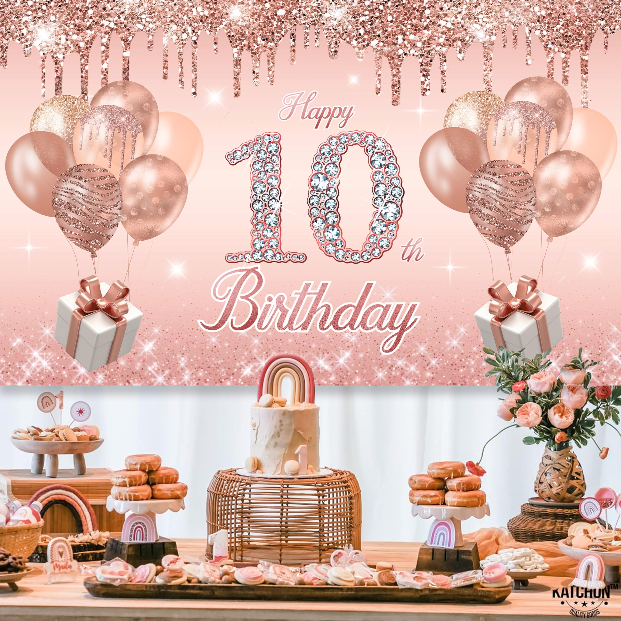 Rose Gold 10th Birthday Party Decorations Set - Happy Birthday Banner, Backdrop, Sash, Tiara & Balloons for Girls' Decade Celebration | Perfect for Birthday Parties, Photo Booths & Milestone Decor