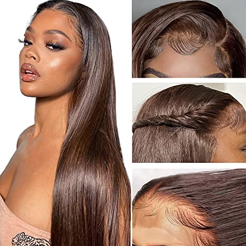 13x4 Transparent Lace Front Human Hair Wig - 150% Density 16 Inch Straight Brown Colored Lace Front Wig for Black Women | Natural Look, Daily Wear & Special Occasions