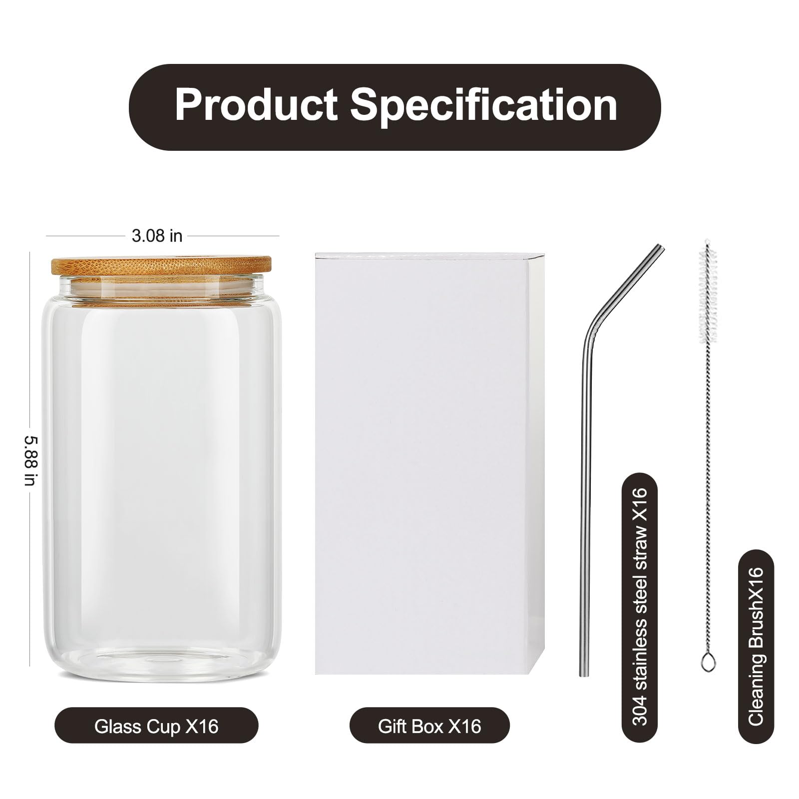 16-Piece Glass Cups Set with Bamboo Lids & Straws - 16oz Reusable Drinking Glasses for Water, Juice, Coffee, Tea, Beer & Soda - Perfect for Home, Office, Parties & Outdoor Gatherings