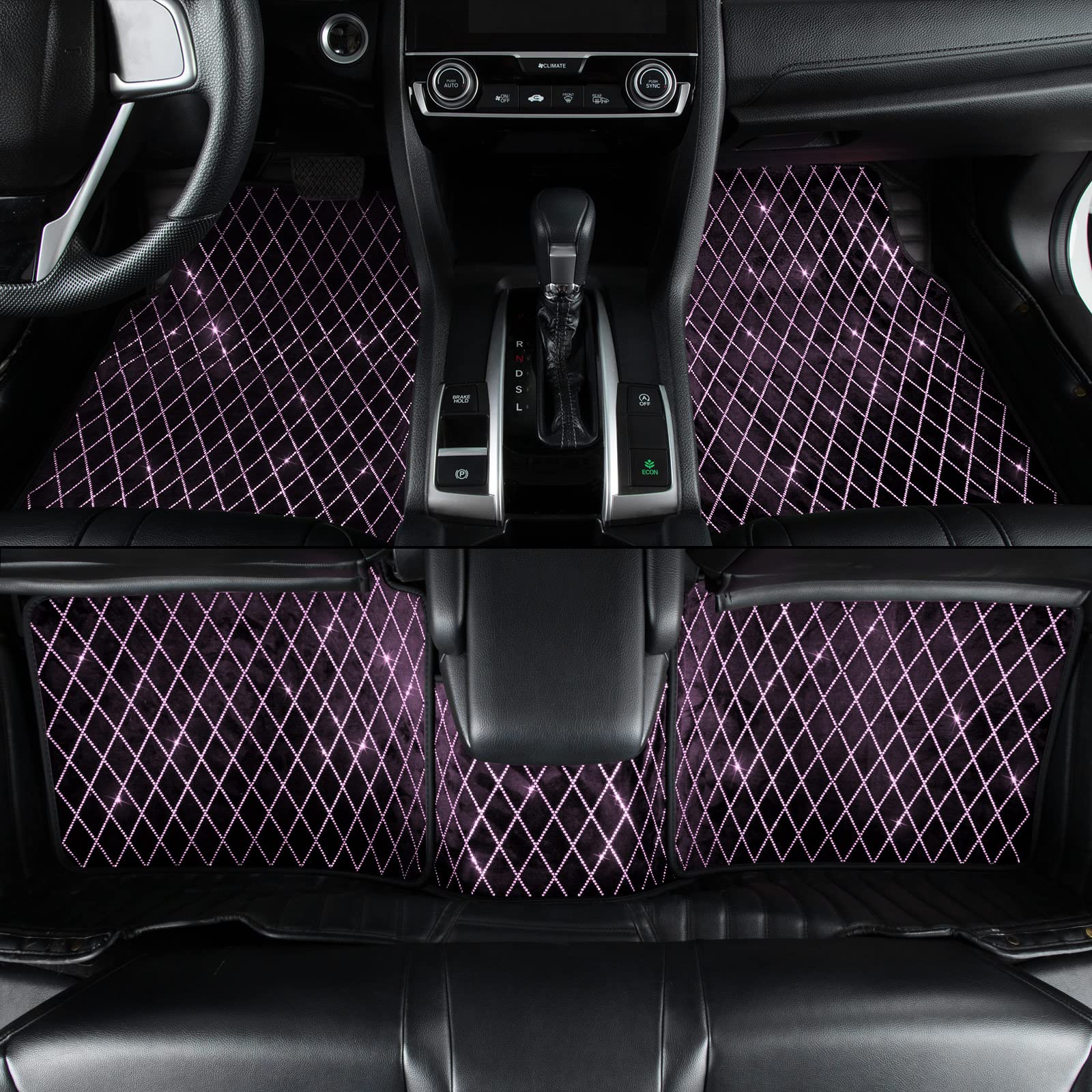 Premium Waterproof Anti-Slip Car Floor Mats for Women - Rhinestone Decorated Universal Fit for Cars, Trucks, Vans & SUVs - Set of 5 Pink Mats with Upgraded Friction Design - Perfect for Daily Commute, Road Trips & Car Interior Protection