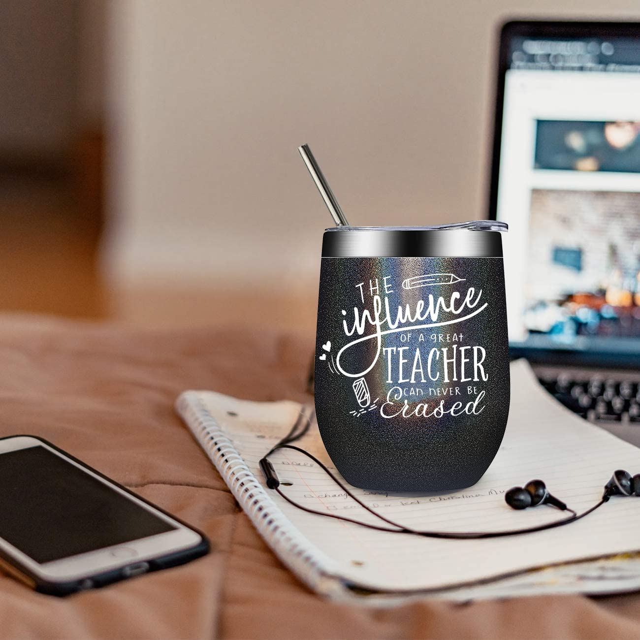 ELEGANTPARK 12oz Insulated Wine Tumbler with Lid & Straw - Perfect Teacher Gift for Women & Men, Great for Appreciation, Birthday, Christmas, Graduation - Ideal for Classroom, Office & Outdoor Use (Black)
