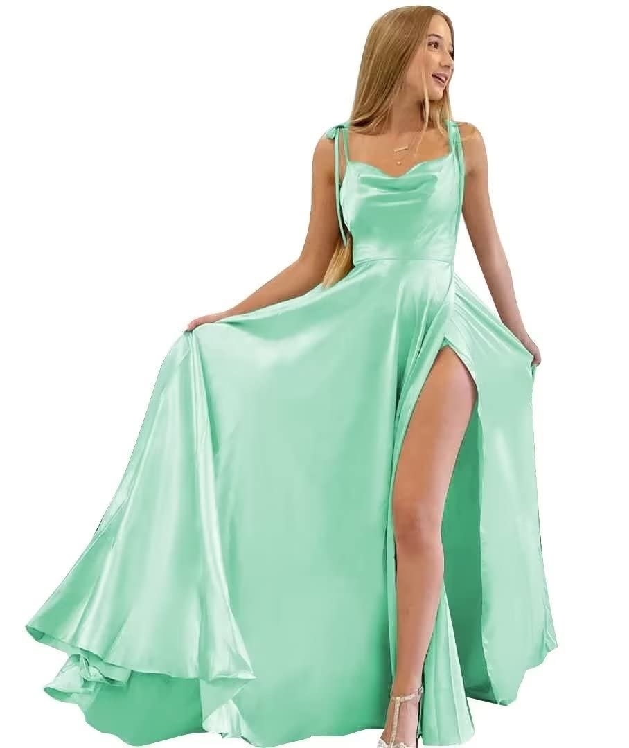 Elegant Satin Bridesmaid Dresses with Spaghetti Straps - Long Split Prom Gowns with Pockets | Formal Maxi Dresses for Women | Perfect for Weddings, Parties & Special Occasions