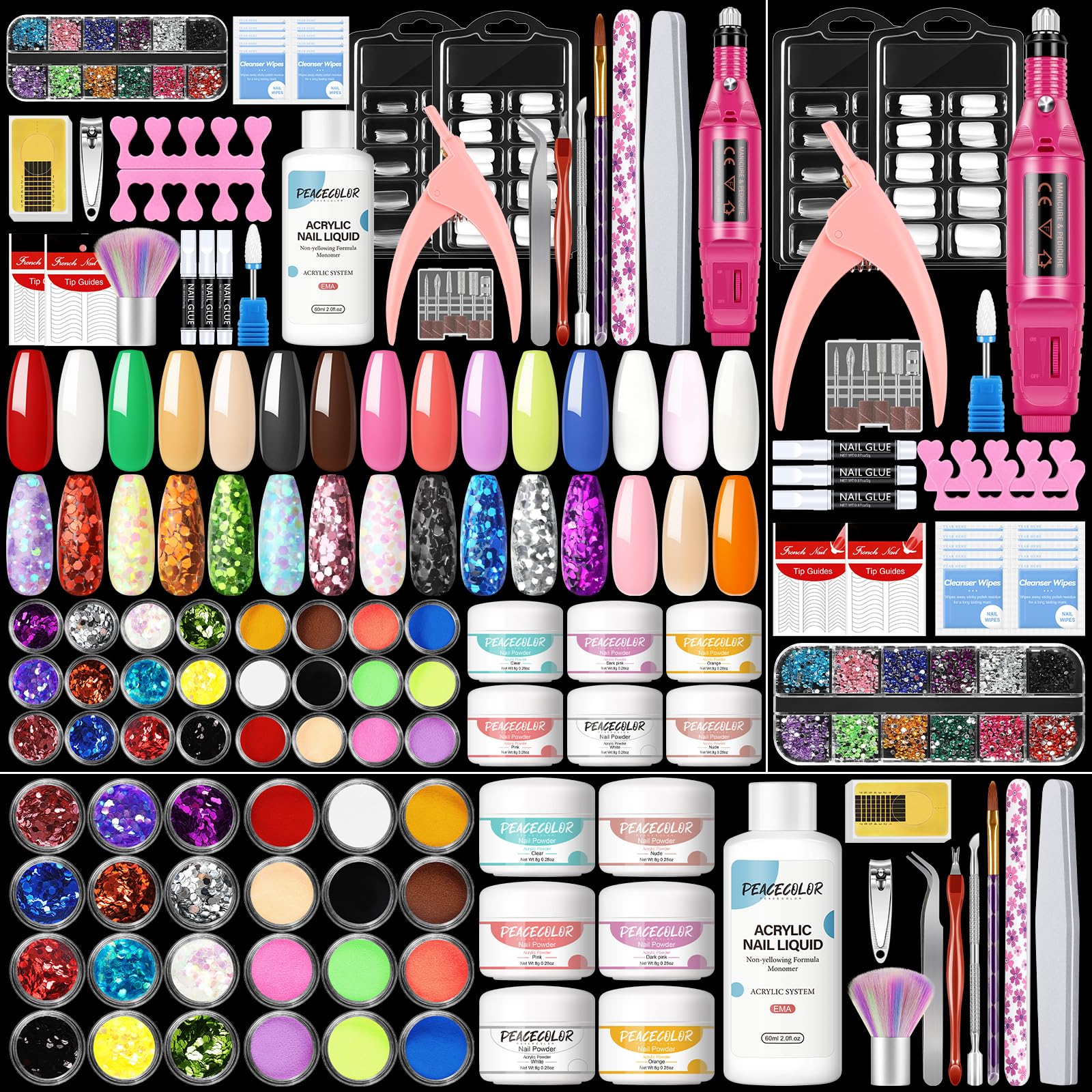 Professional Acrylic Nail Kit with Electric Drill - 6 Colors Acrylic Powder & 24PC Glitter Powder Set - Complete Nail Supplies with Rhinestones & Tips for Beginners - Perfect for Home Manicures, Salon Use & DIY Nail Art