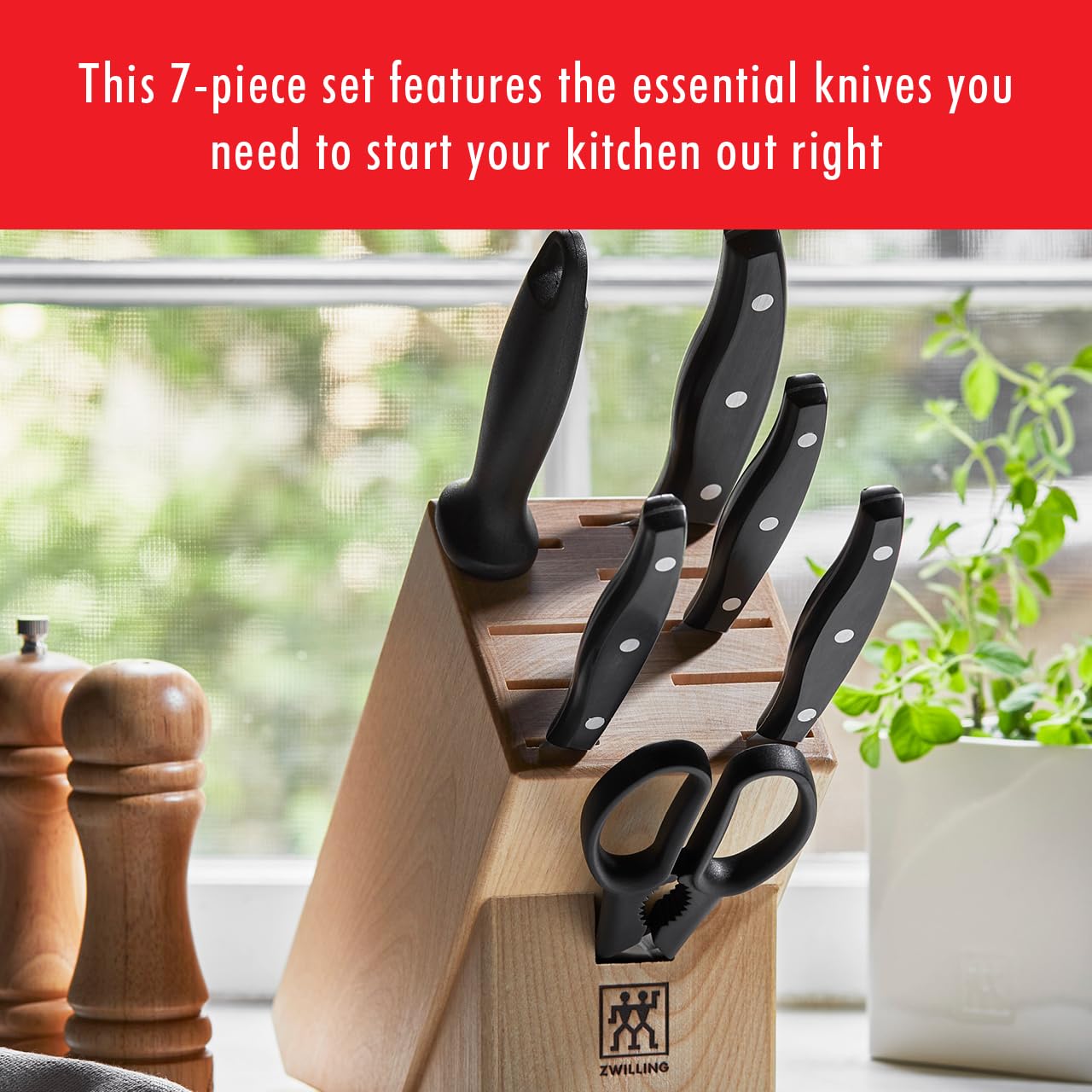 **ZWILLING Twin Signature 7-Piece German Knife Set with Block - Razor-Sharp High-Carbon Stainless Steel Knives, Dishwasher Safe - Perfect for Professional Chefs & Home Cooking, Meat Cutting, Vegetable Chopping, and More**