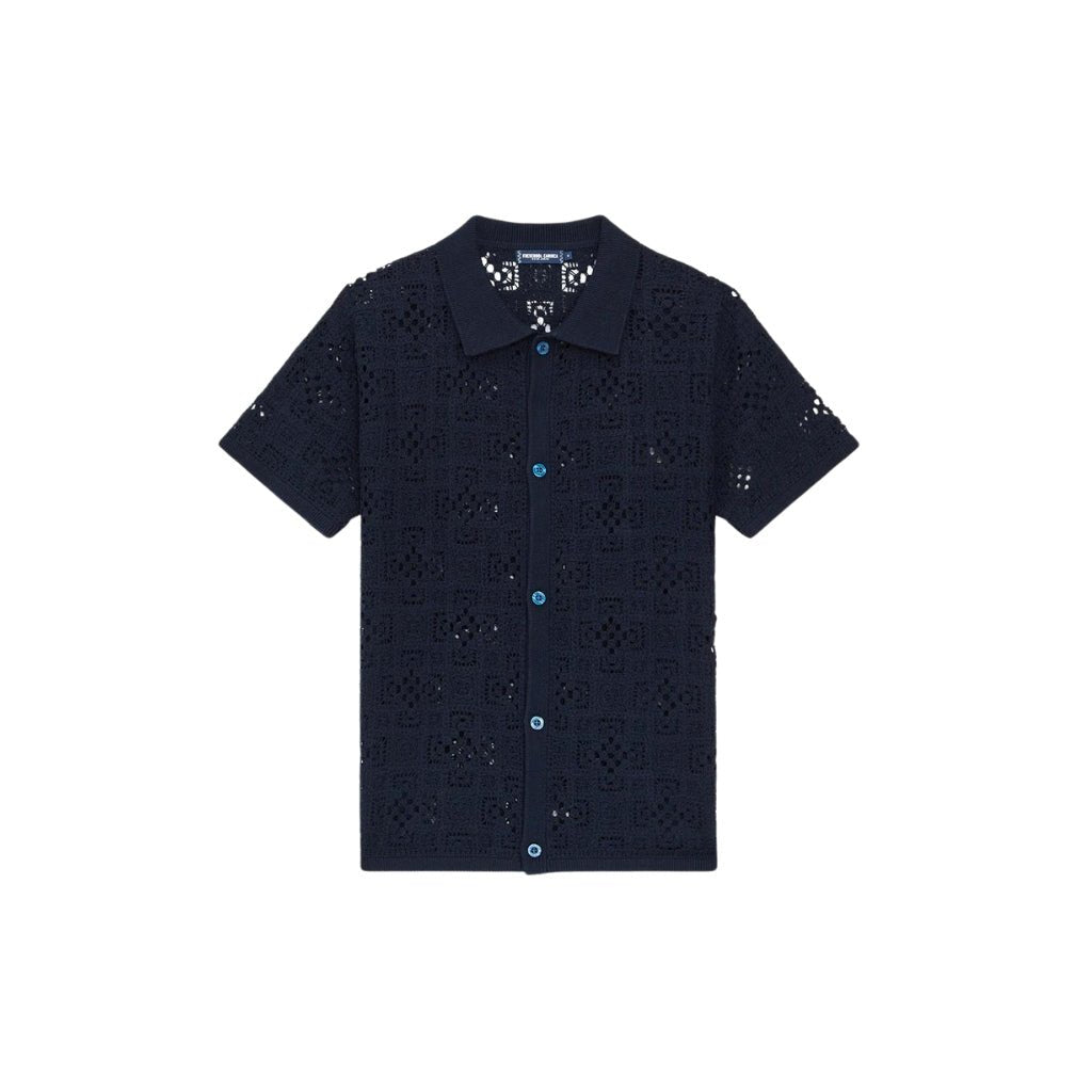 FRESCOBAL CARIOCA Crochet Button-Down Shirt for Women - Navy Blue Cotton Blouse with Boho Embroidery | Perfect for Beach Vacations, Summer Outfits & Boho Fashion Style