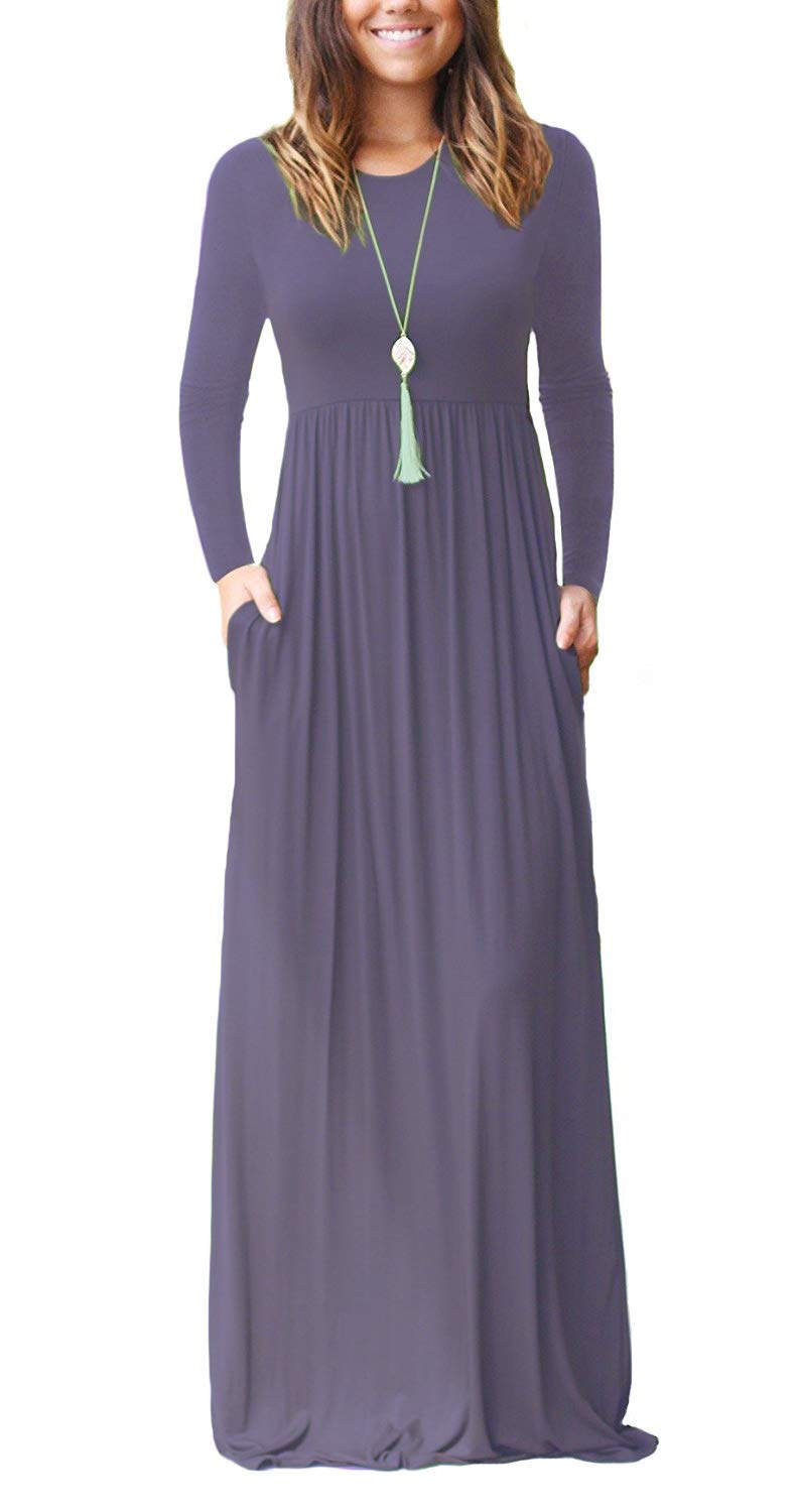 EUOVMY Women's Long Sleeve Maxi Dress with Pockets - Flowy Loose Fit Casual Summer Dress for Beach, Travel & Everyday Wear