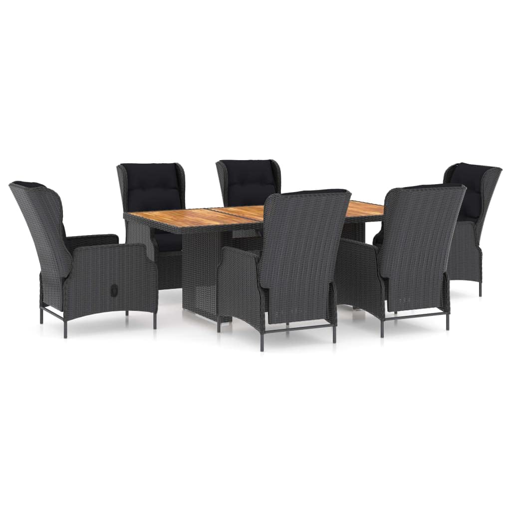 7-Piece Patio Dining Set with Cushions - Dark Gray Reclining Chairs, Black Cushions, Poly Rattan & Steel Frame - Modern Outdoor Furniture for Garden, Backyard, Poolside & Patio Dining