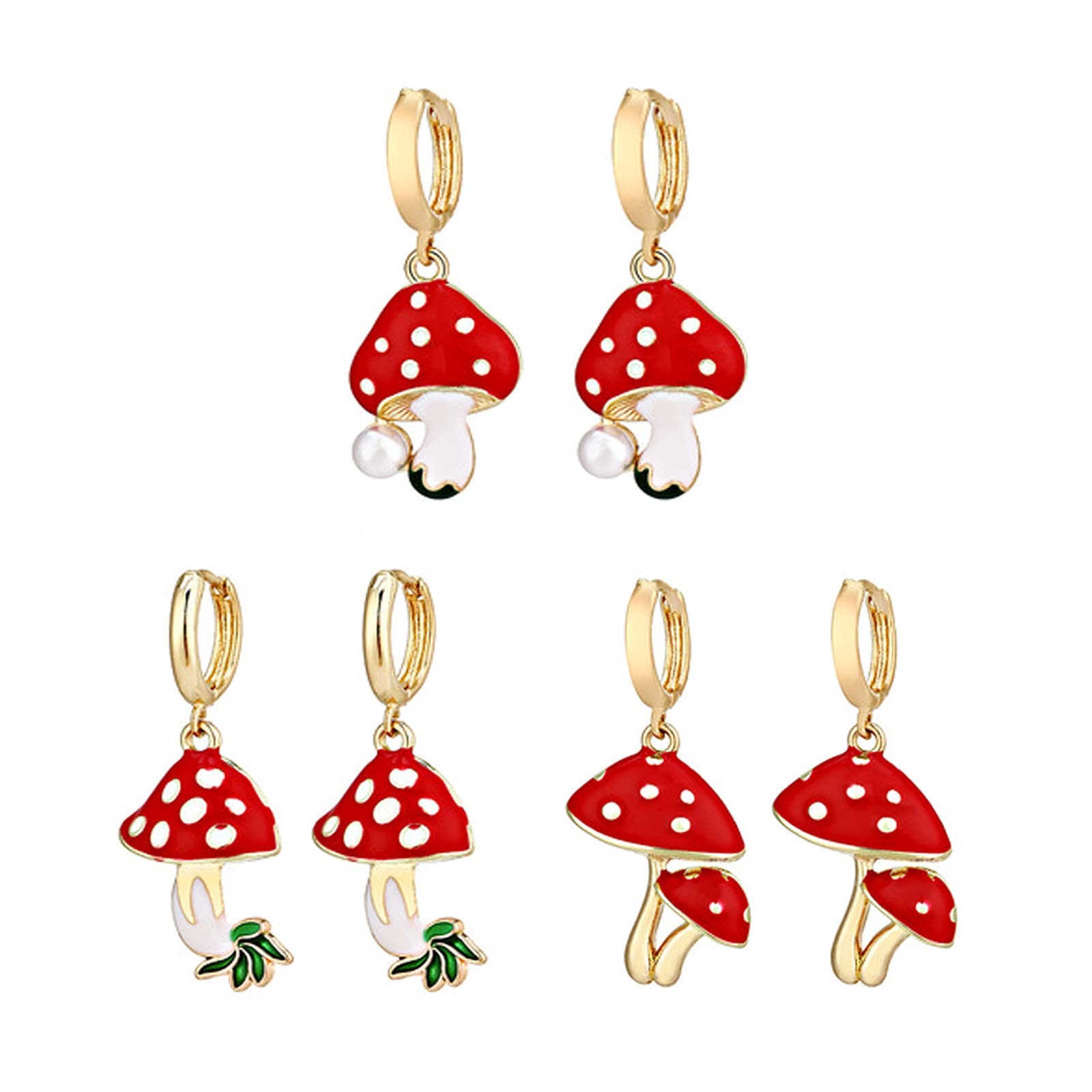 3 Pairs Cute Mushroom Drop Earrings - Colorful Enamel Dangle Earrings with Red Food Charm, Aesthetic Metal Hoop Jewelry for Women & Girls | Perfect for Casual Wear, Parties & Gift Giving