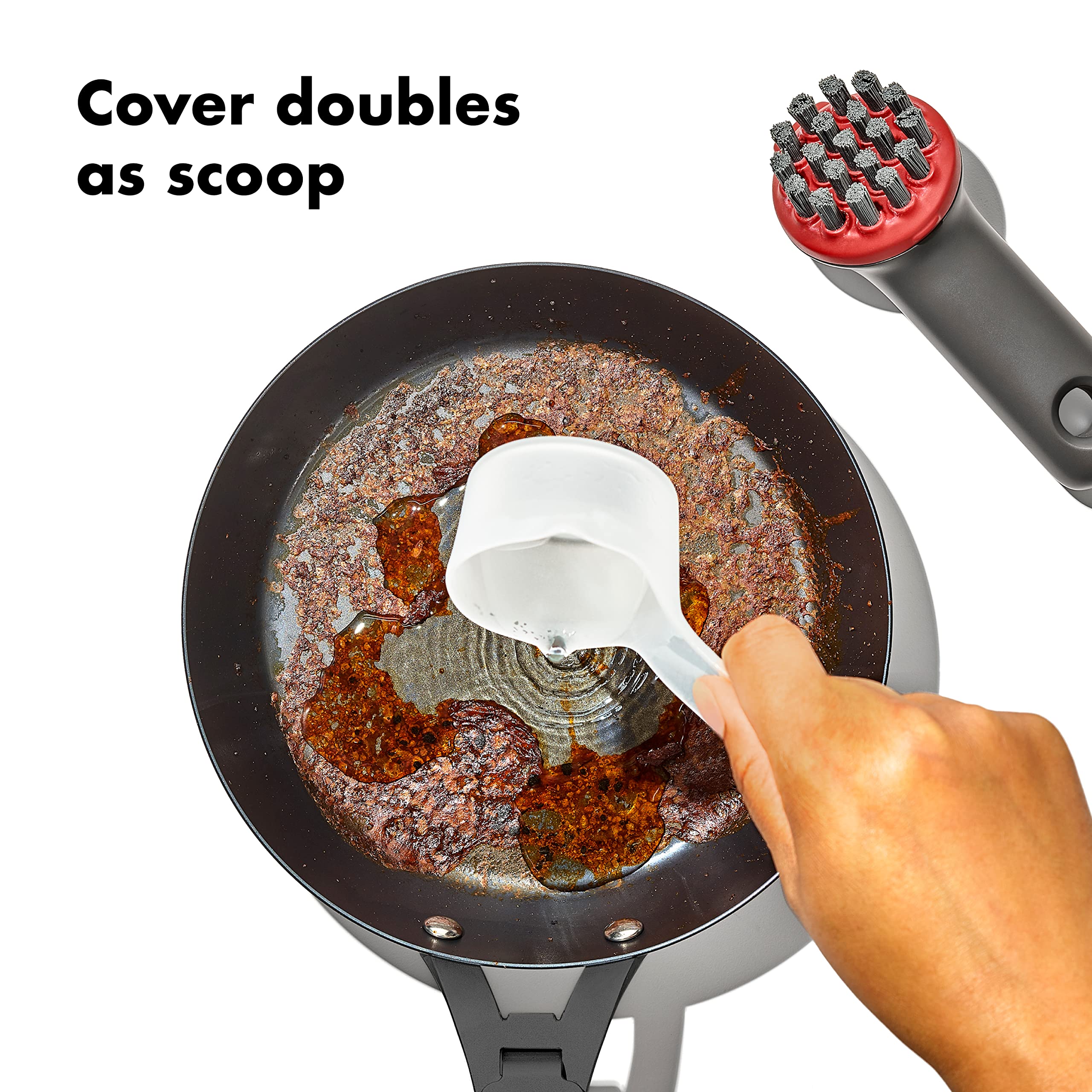 OXO Outdoor Heavy Duty Cast Iron Brush with Cover - Red/Grey - Perfect for Grill Cleaning, Camping Cookware & Outdoor Cooking Accessories