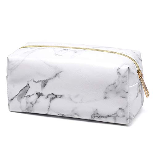 White Marble Makeup Bag with Gold Zipper - Travel Cosmetic Organizer for Women