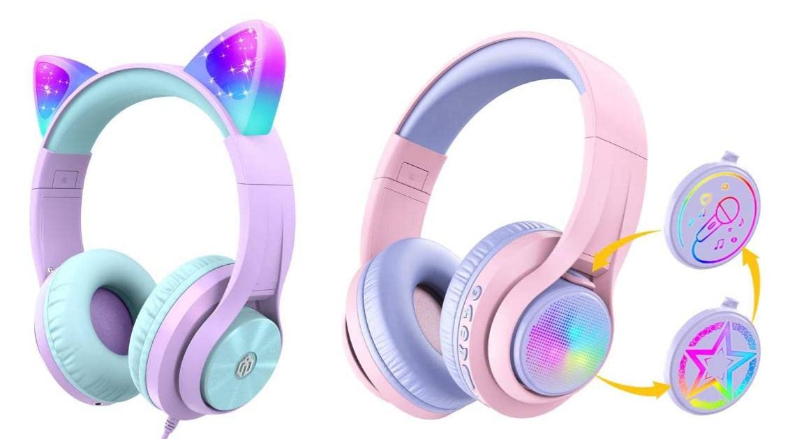 iClever HS20 Cat Ear LED Light Up Kids Headphones with Microphone - Wireless Bluetooth Over-Ear Headphones for Children, Foldable Design for School, iPad, Tablet, Travel & Home Use - Perfect for Gaming, Online Classes & Entertainment
