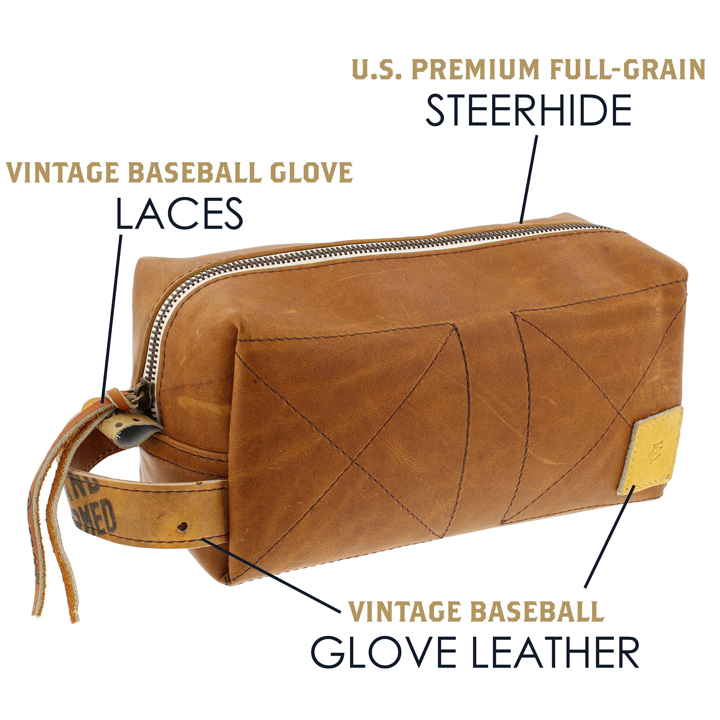 Premium Leather Baseball Travel Toiletry Bag - Handcrafted Vintage Gloves Design by FC Goods | Durable Cosmetic Organizer for Men & Women | Perfect for Baseball Games, Gym, Travel & Daily Use