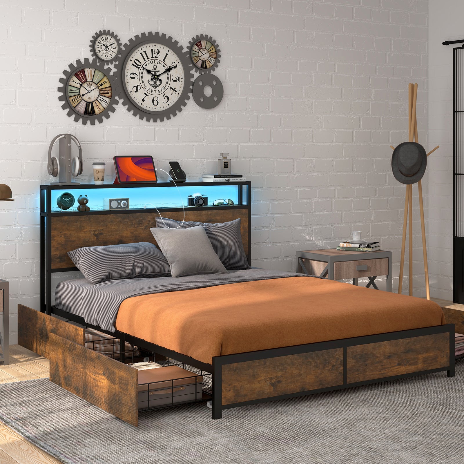 Costway Full/Queen Size Bed Frame with Smart LED Lights & Storage Drawers - Modern Platform Bed with USB Ports for Bedroom, Guest Room & Dorm