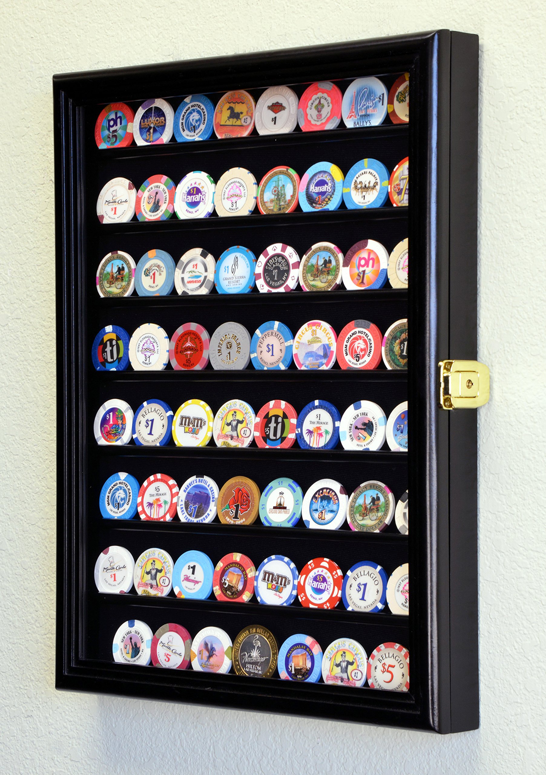 64-Slot Casino Chip Display Case - Lockable Wall Cabinet with UV Protection for Poker Chips & Collectibles - Perfect for Home Game Rooms & Casino Themed Decor