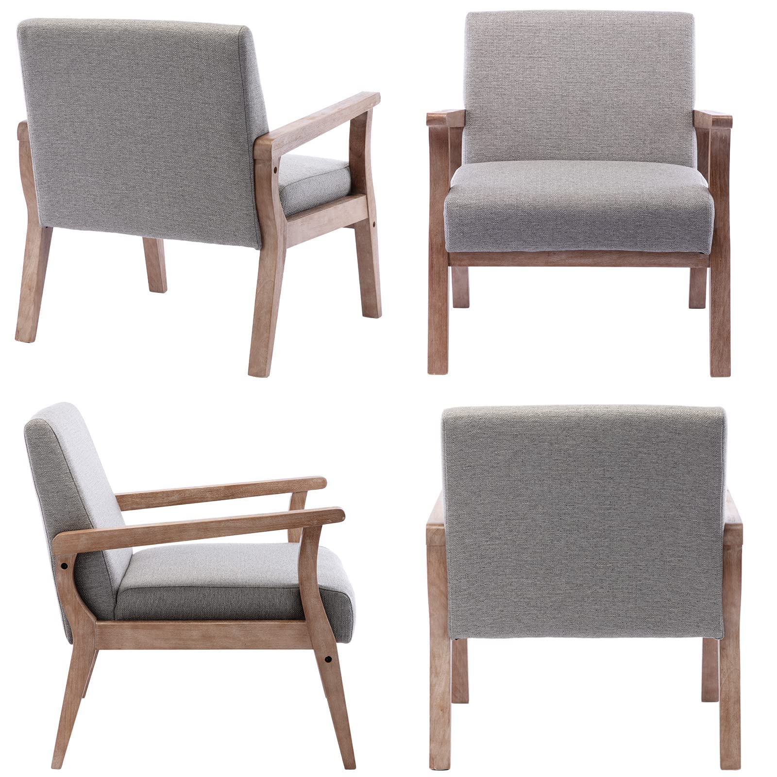 Mid Century Modern Accent Chairs Set of 2 - Solid Wood Frame & Linen Upholstery - Grey Living Room Armchairs for Home, Bedroom & Office - Perfect for Lounge, Reading Nook & Guest Seating