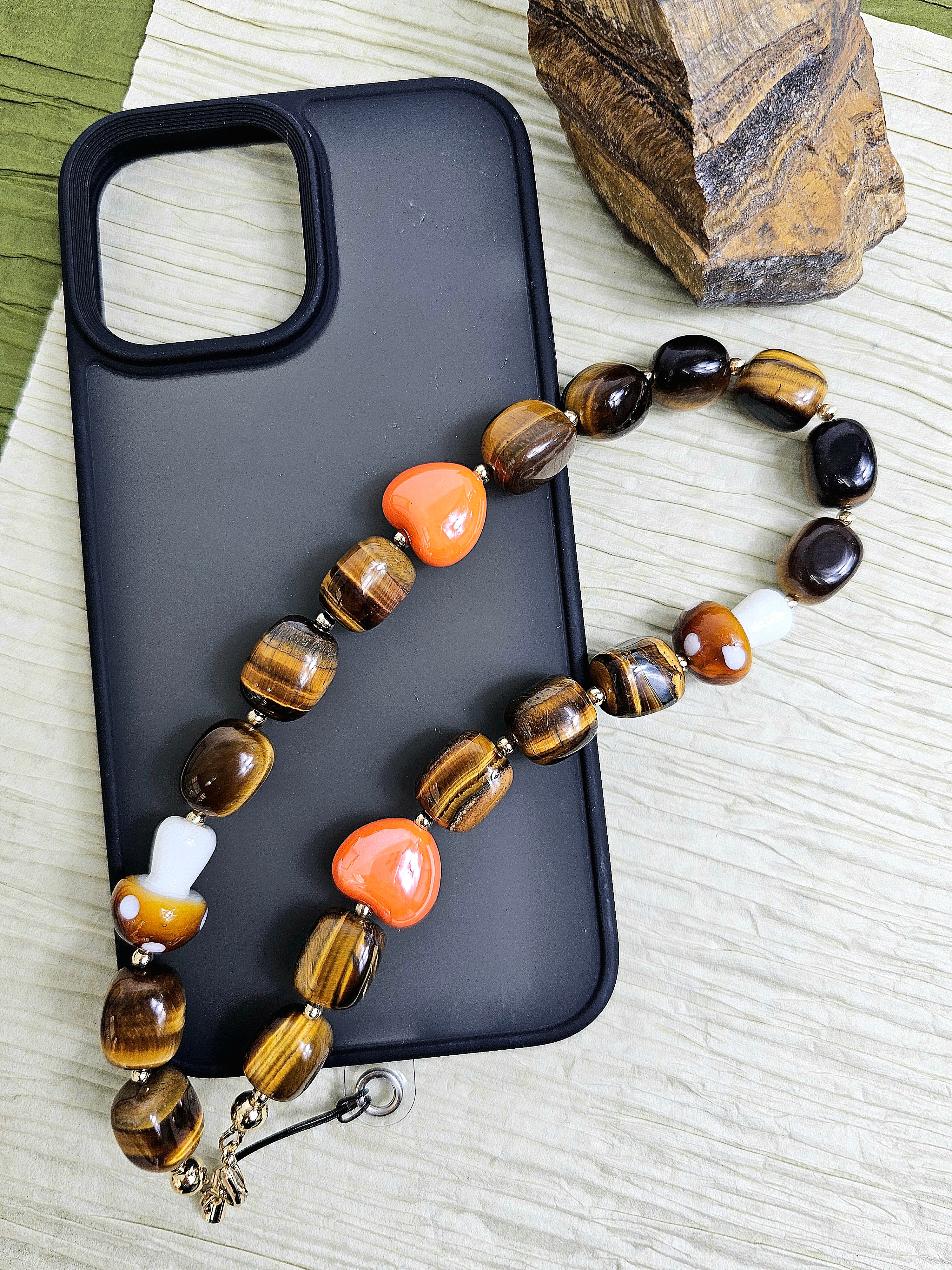 Natural Tiger Eye Bead with Mushroom & Heart Charm Phone Strap - Stylish Accessory for Keychains, Bags & Gifts | PC024