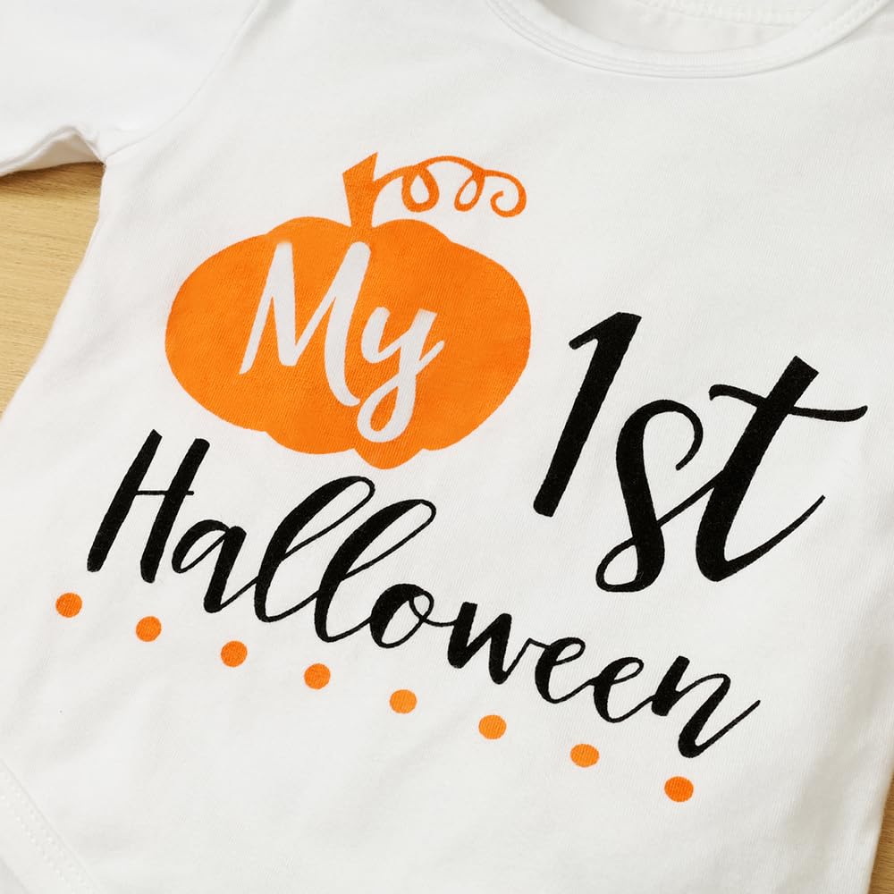 Baby Girl Halloween Outfit Set - Letter Print Long Sleeve Romper with Shorts & Headband | Cute First Halloween Costume for Infants & Toddlers | Perfect for Trick-or-Treating, Photo Shoots & Halloween Parties