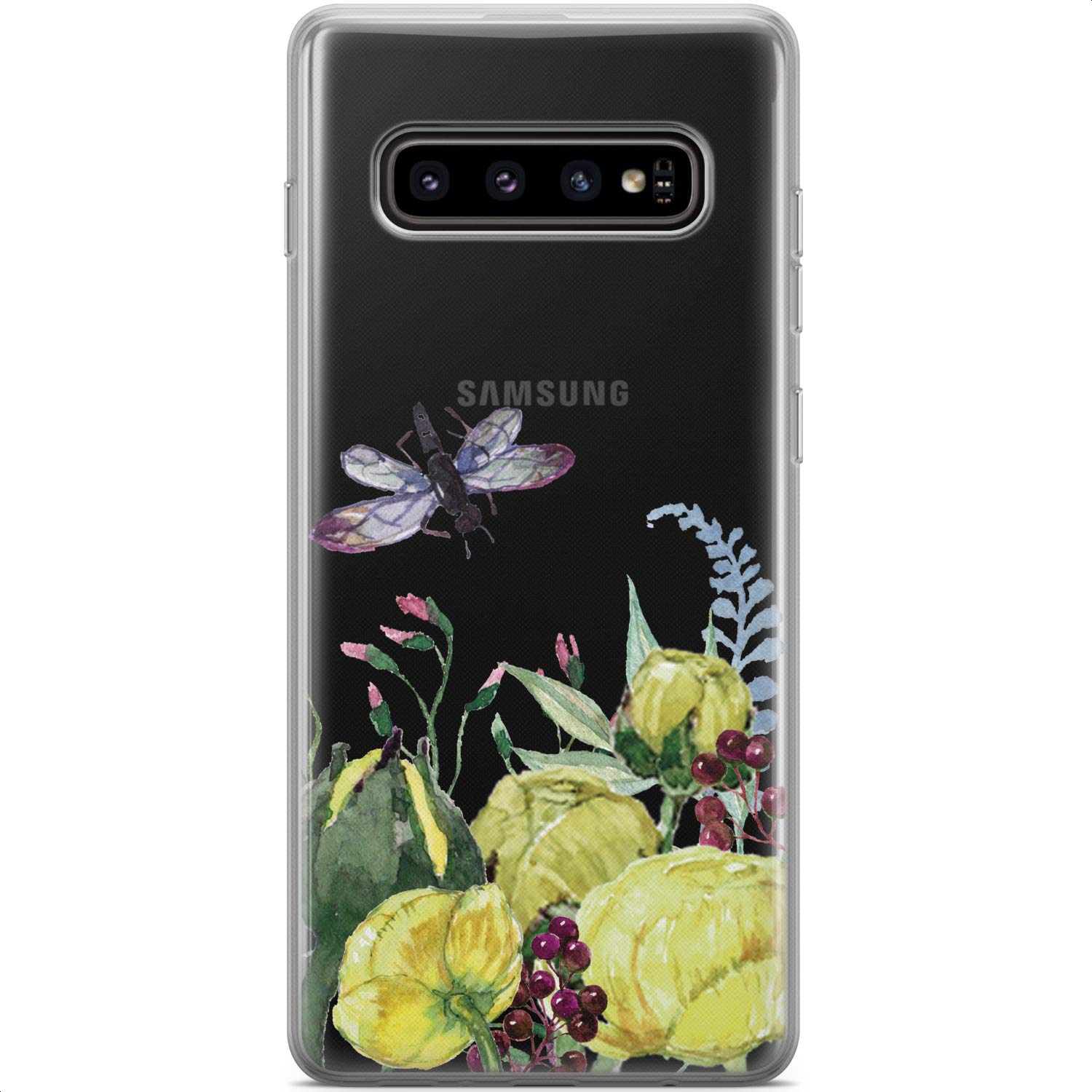 Samsung Galaxy S24 S23 Ultra S22 5G Plus S21 FE S20 S10 Phone Case - Floral Dragonfly TPU Protective Cover with Green Peony & Ranunculus Design | Slim Lightweight Silicone Case for Everyday Protection & Style