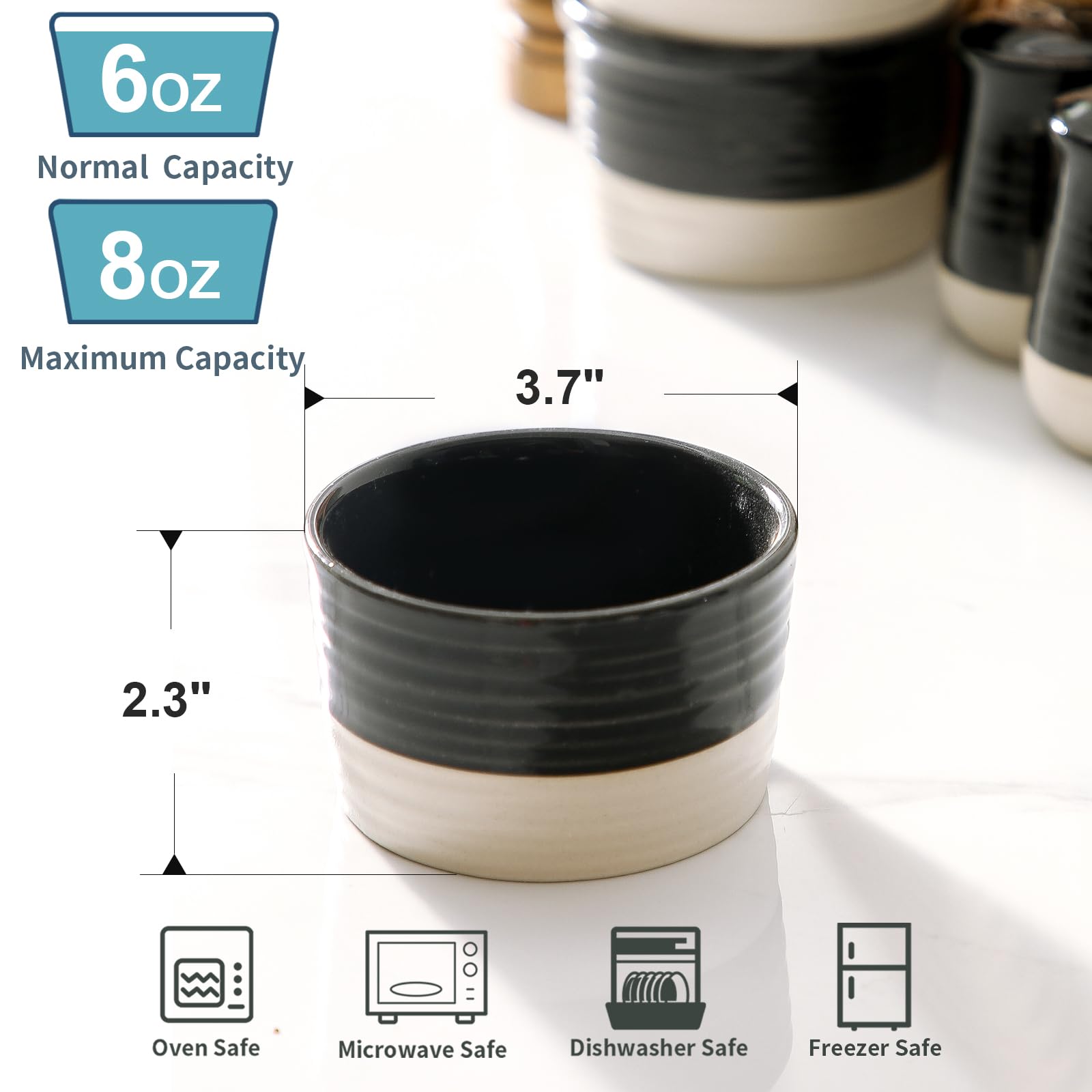 6-Pack 8oz Ceramic Ramekins for Baking, Oven Safe - Souffle, Creme Brulee & Desserts