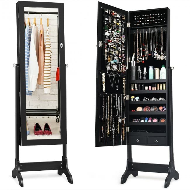 WATERJOY Jewelry Organizer with Full-Length Standing Mirror - 4 Adjustable Angle Lockable Jewelry Cabinet & Storage Armoire - Perfect for Bedroom, Closet & Dressing Room Organization