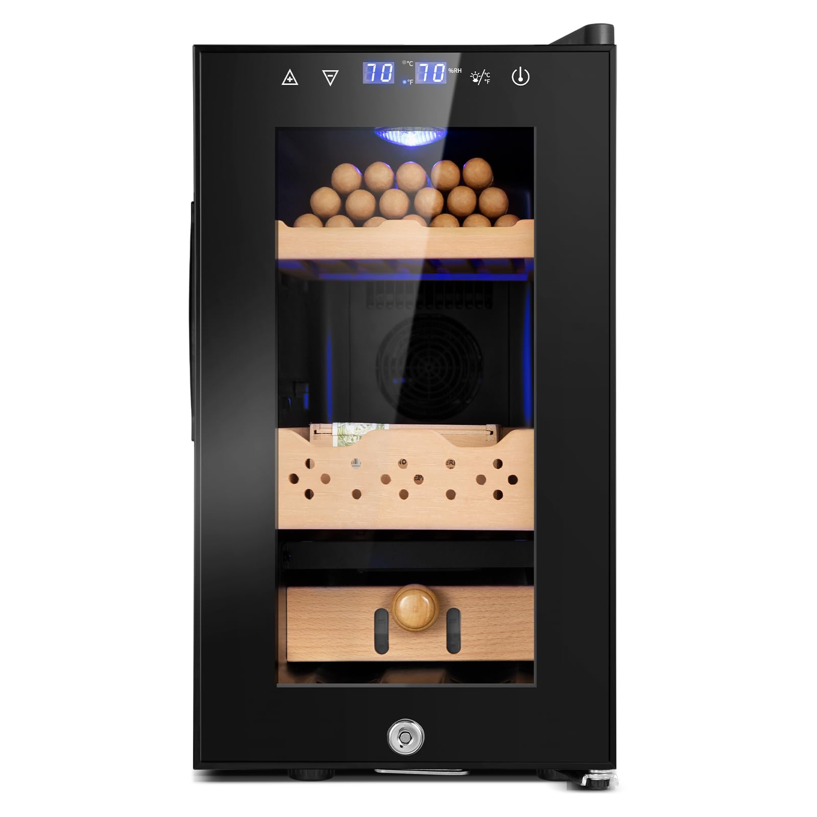 25L Electric Cooler Cabinet with Temperature & Humidity Control - Spanish Cedar Wood Shelves & Safety Lock (170 Count Capacity) - Perfect for Wine Storage, Cigar Humidor, and Food Preservation