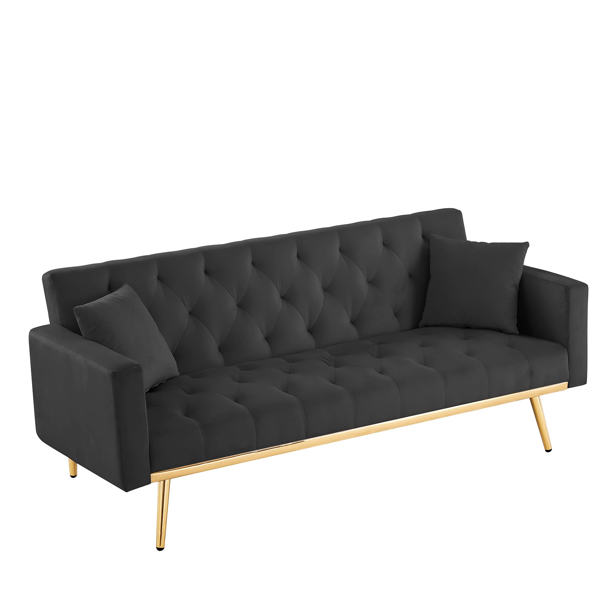 Modern Velvet Convertible Sleeper Sofa Bed with 2 Pillows - Adjustable Futon Loveseat with Gold Metal Legs for Living Room, Bedroom, Office - Perfect for Small Spaces & Guest Accommodations (Black)