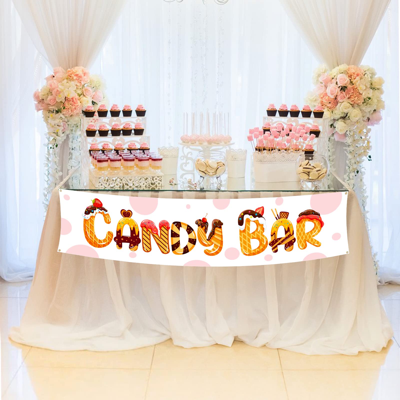 DPKOW Lovely Candy Bar Banner - Fabric Table Decoration for Wedding, Baby Shower, Birthday Party, Christening, Communion, Retirement & Graduation - 47x12 Inches (120x30cm) - Perfect for Sweet Tables, Dessert Displays & Party Backdrops