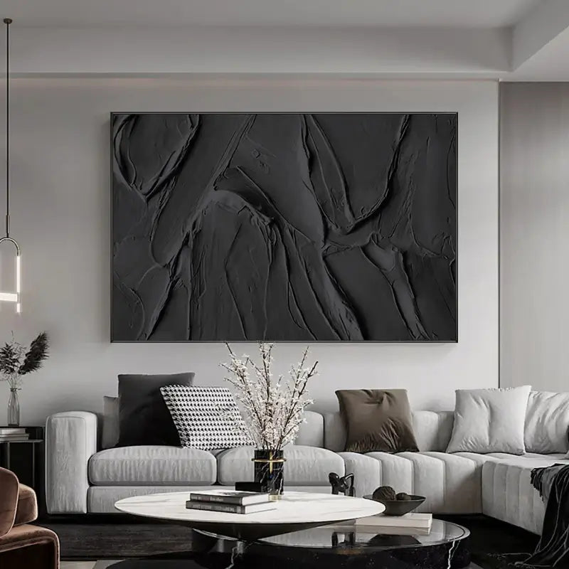 Black Plaster Art Minimalist Textured Painting - Modern Abstract Wall Decor for Living Room, Bedroom & Office | #MZ020