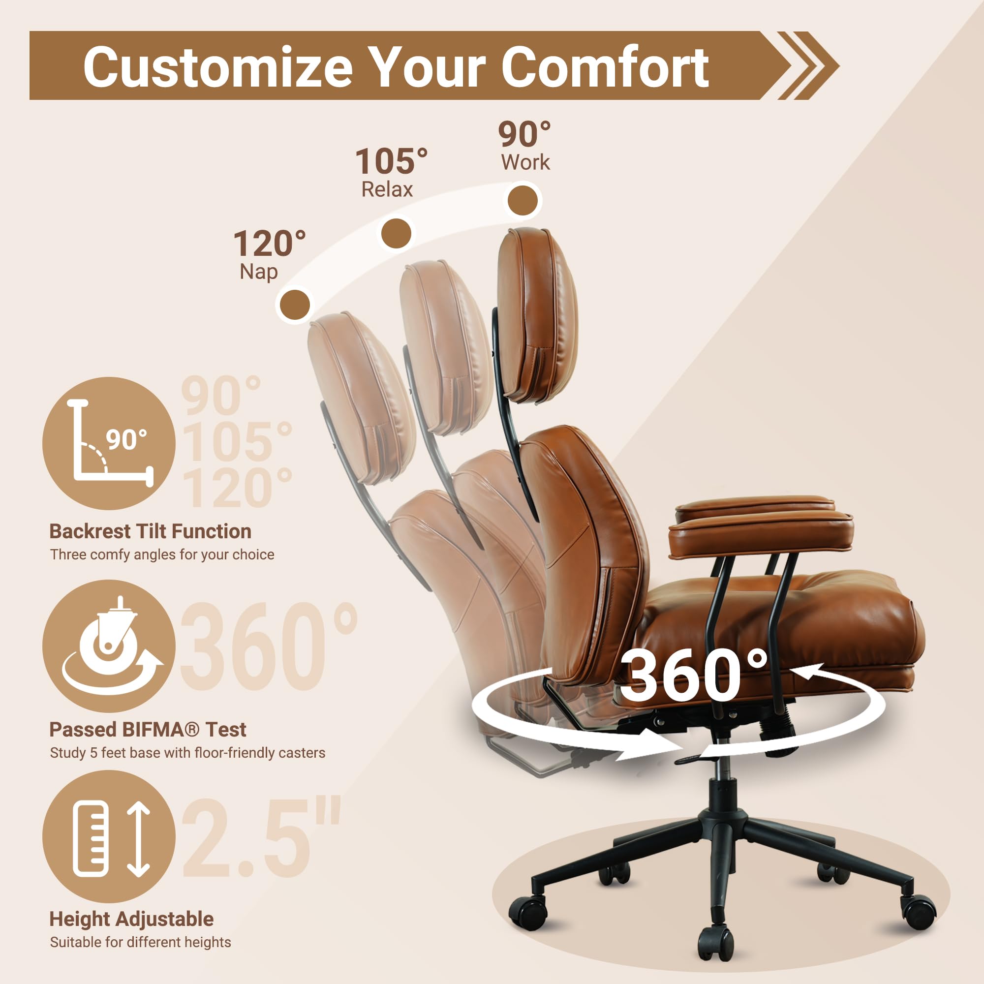 Ergonomic High Back Office Chair with Lumbar Support - PU Leather Swivel Computer Desk Chair with Wheels & Rocking Function - Brown - Perfect for Home Office, Gaming & Workspace Comfort
