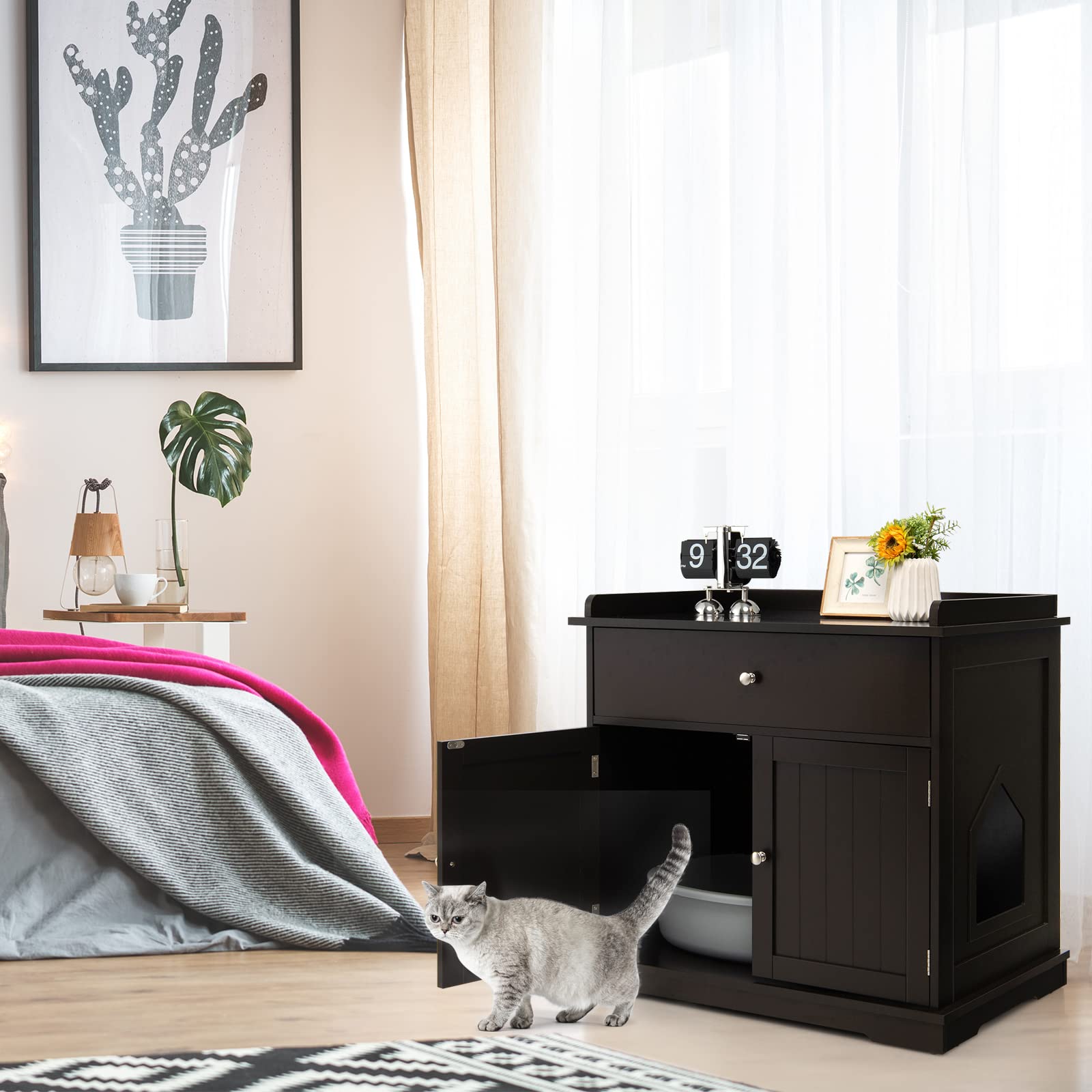 PETSITE Large Cat Litter Box Enclosure - Wooden Cat Washroom End Table with Drawer & 2 Doors, Hidden Litter Box Furniture Storage Cabinet for Home Decor (Brown) | Perfect for Small Spaces & Multi-Cat Households