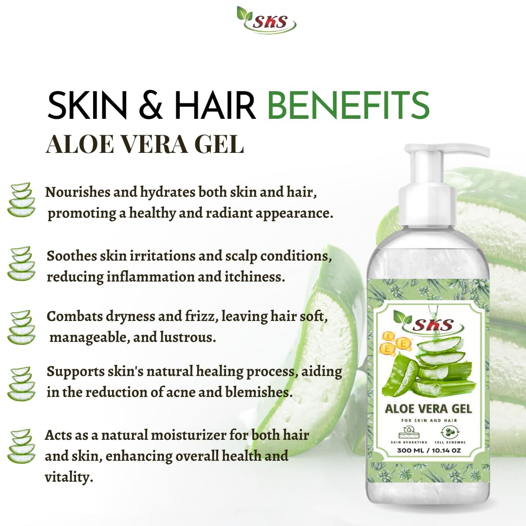 Pure Aloe Vera Gel with Vitamin E for Face & Hair – Hydrating, Moisturizing & Soothing Skin Care – 300ml – Perfect for Sunburn Relief, Daily Hydration & Hair Conditioning
