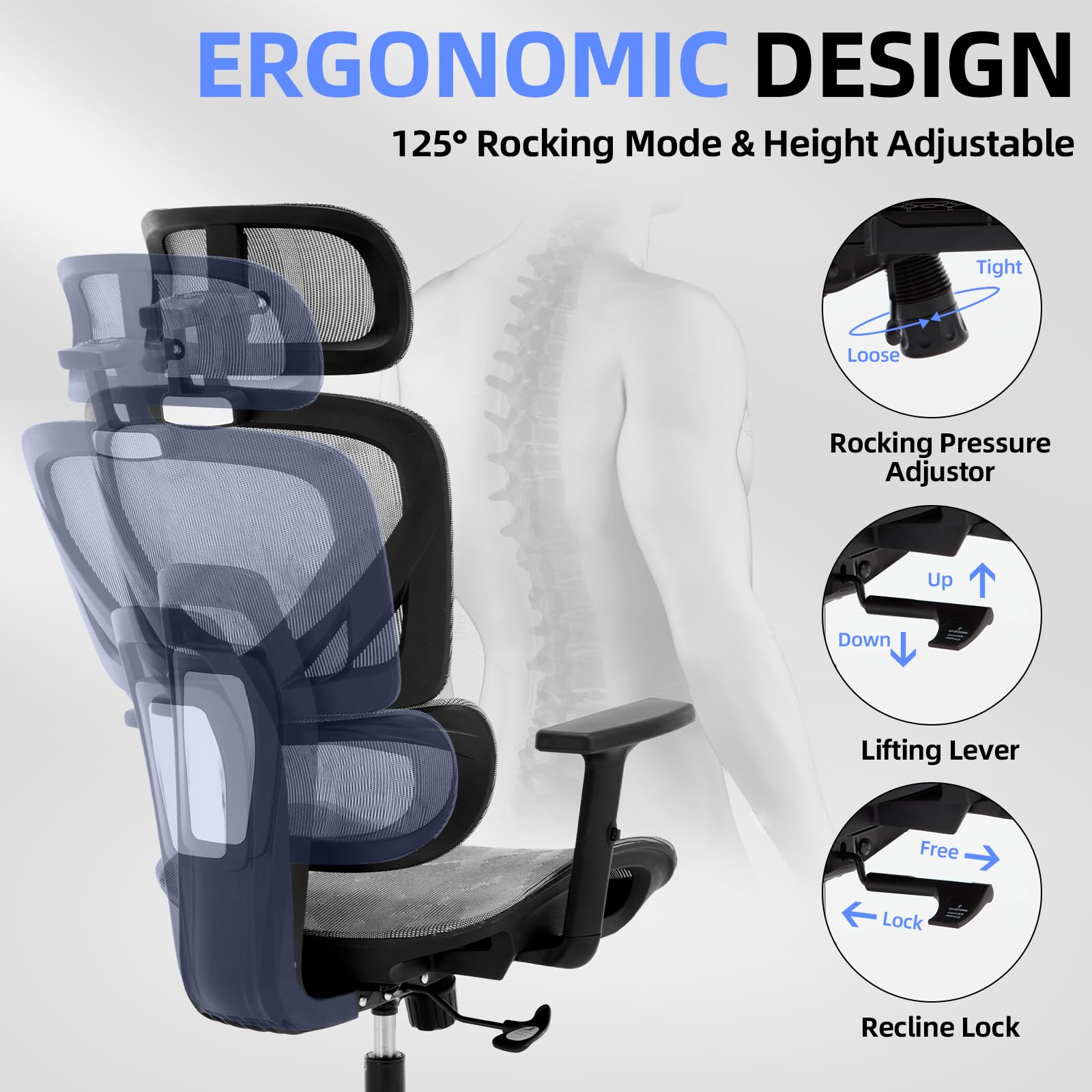 Ergonomic Office Desk Chair - High Back Big and Tall Reclining Mesh Chair with Adjustable Lumbar Support & Armrests, Rolling Wheels for Home Office, Gaming, and Workspace Comfort