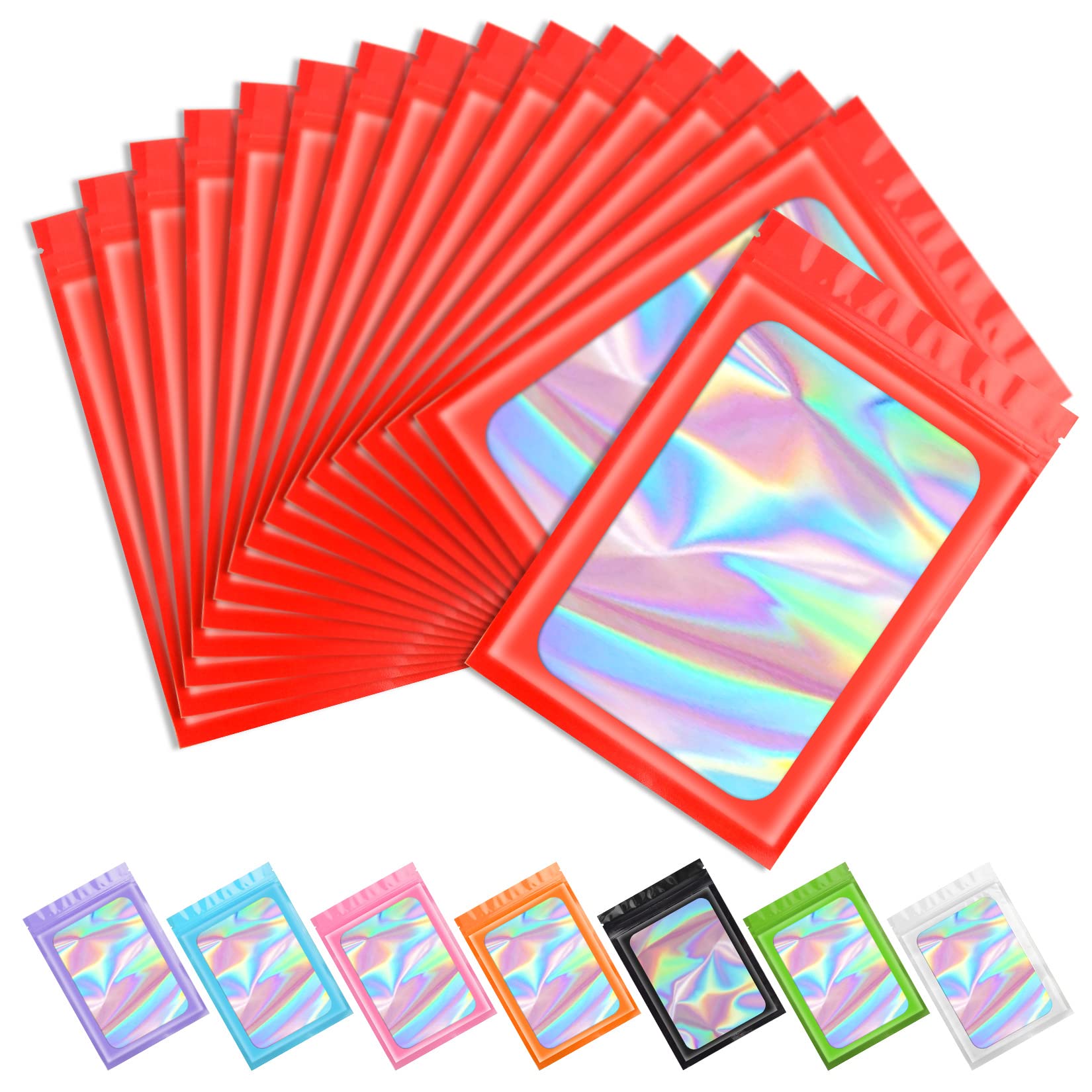 Funfery 100-Pack Red Mylar Holographic Zipper Bags with Clear Window - 4x6 Inch Smell Proof Resealable Foil Pouch for Food Storage, Lip Gloss, Jewelry & Eyelash Packaging | Perfect for Small Business, Retail & Travel Organization