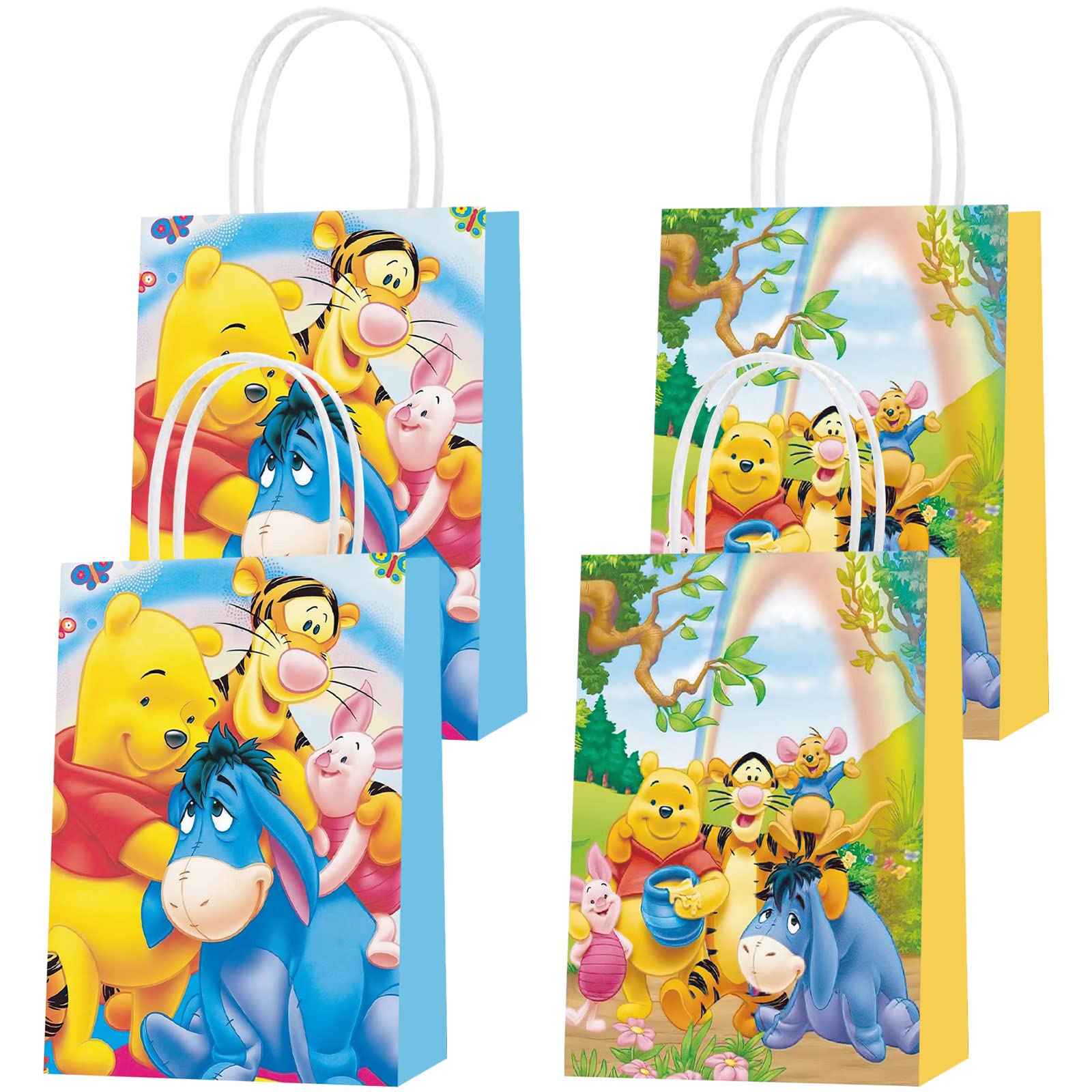 16 Pack Winnie the Pooh Party Favor Bags with Handles - 2 Styles Cute Pooh Bear Themed Gift Bags for Candy, Treats & Goodies | Perfect for Kids Birthday Parties, Baby Showers & Disney Themed Events